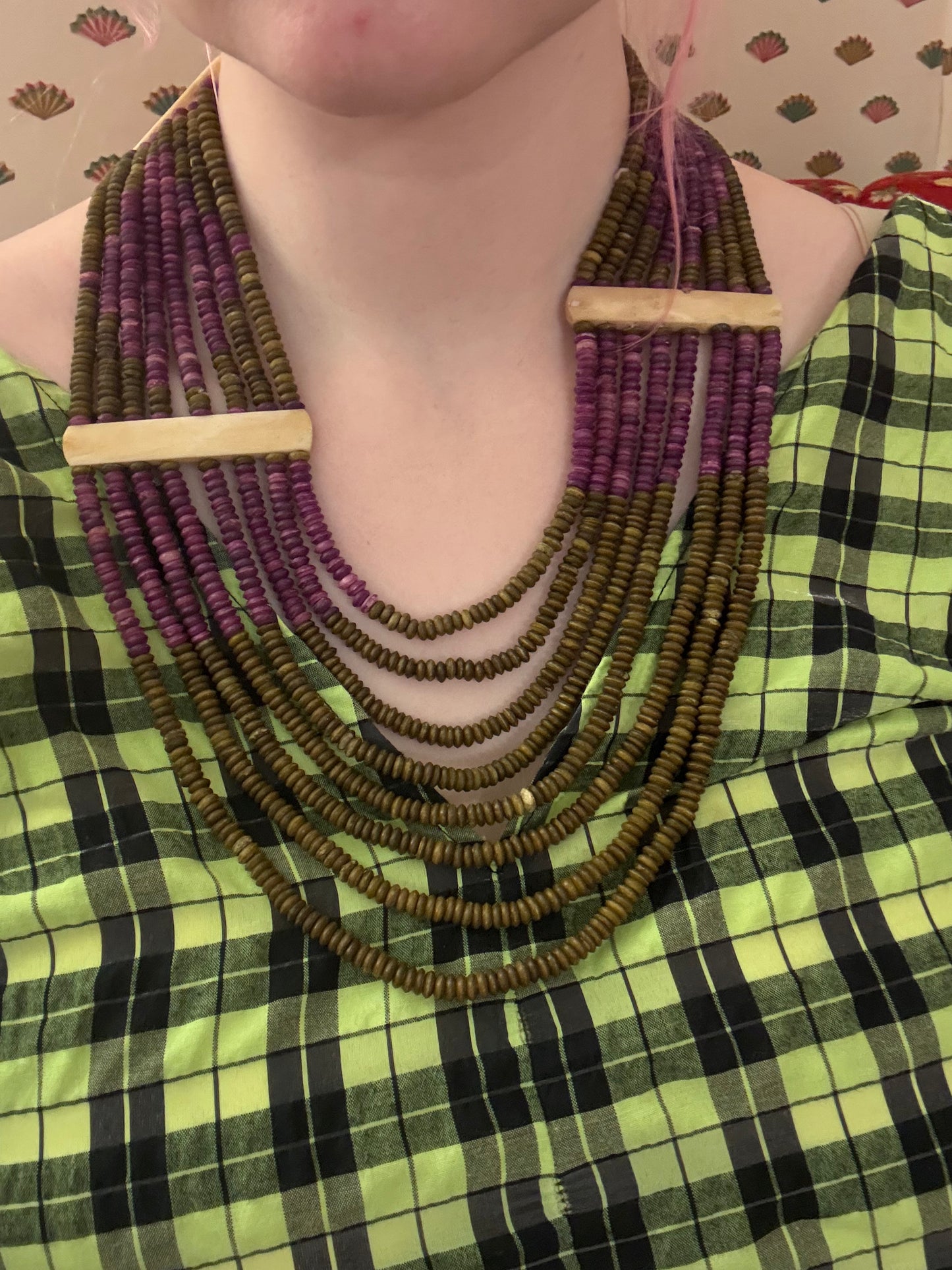 Vintage Wood & Carved Bone Collar Necklace