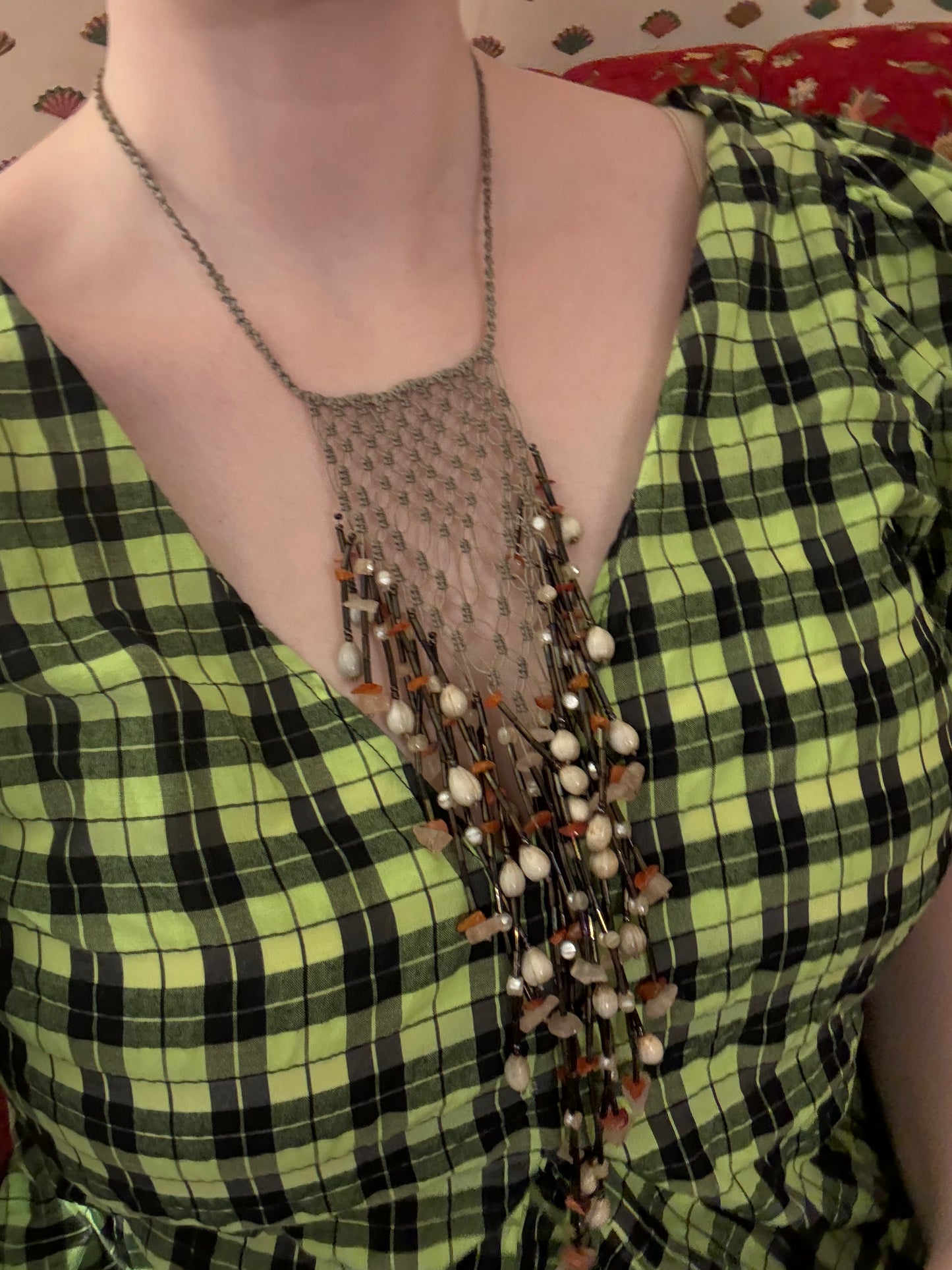 Vintage Woven Shell & Rose Quartz Fringe Statement Necklace