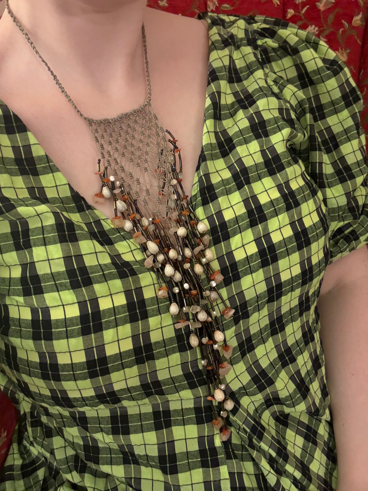 Vintage Woven Shell & Rose Quartz Fringe Statement Necklace