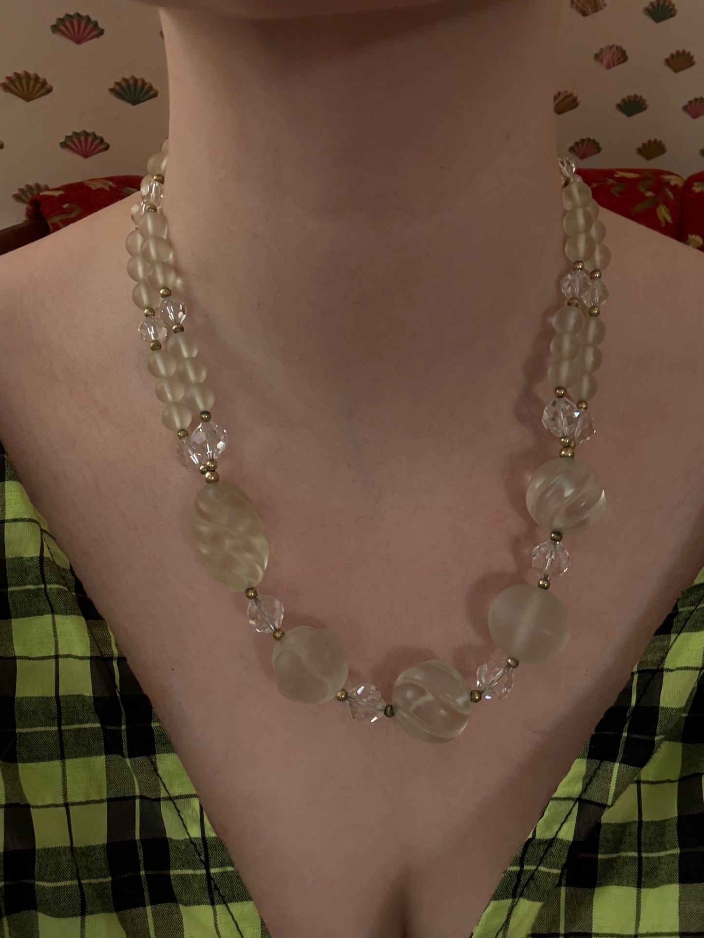 Vintage Frosted Glass & Crystal Sculptural Necklace