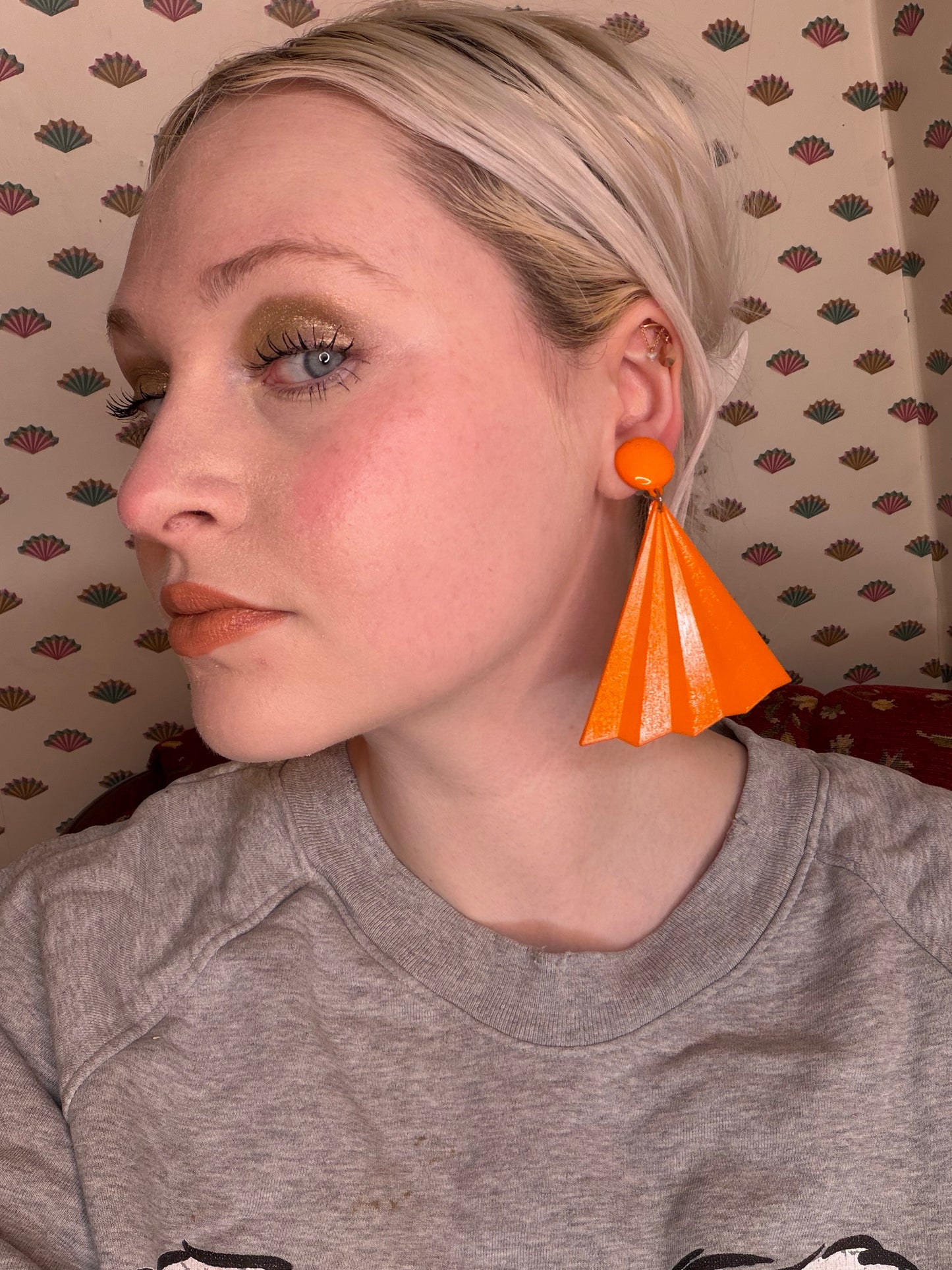 Vintage Tangerine Huge Fan Clip On Earrings