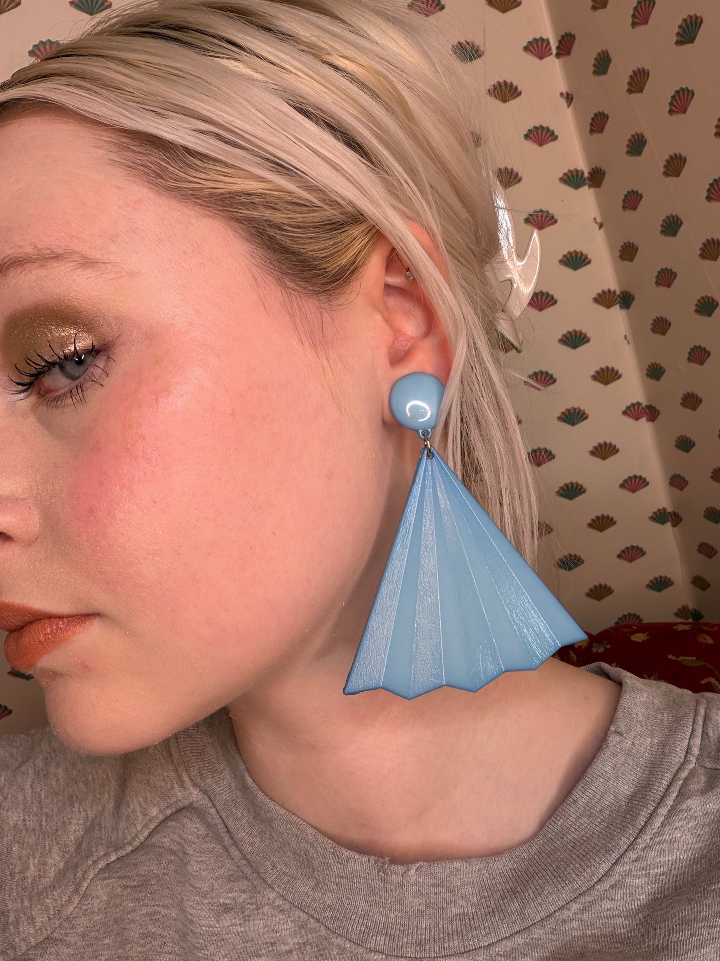 Vintage Baby Blue Huge Fan Clip On Earrings