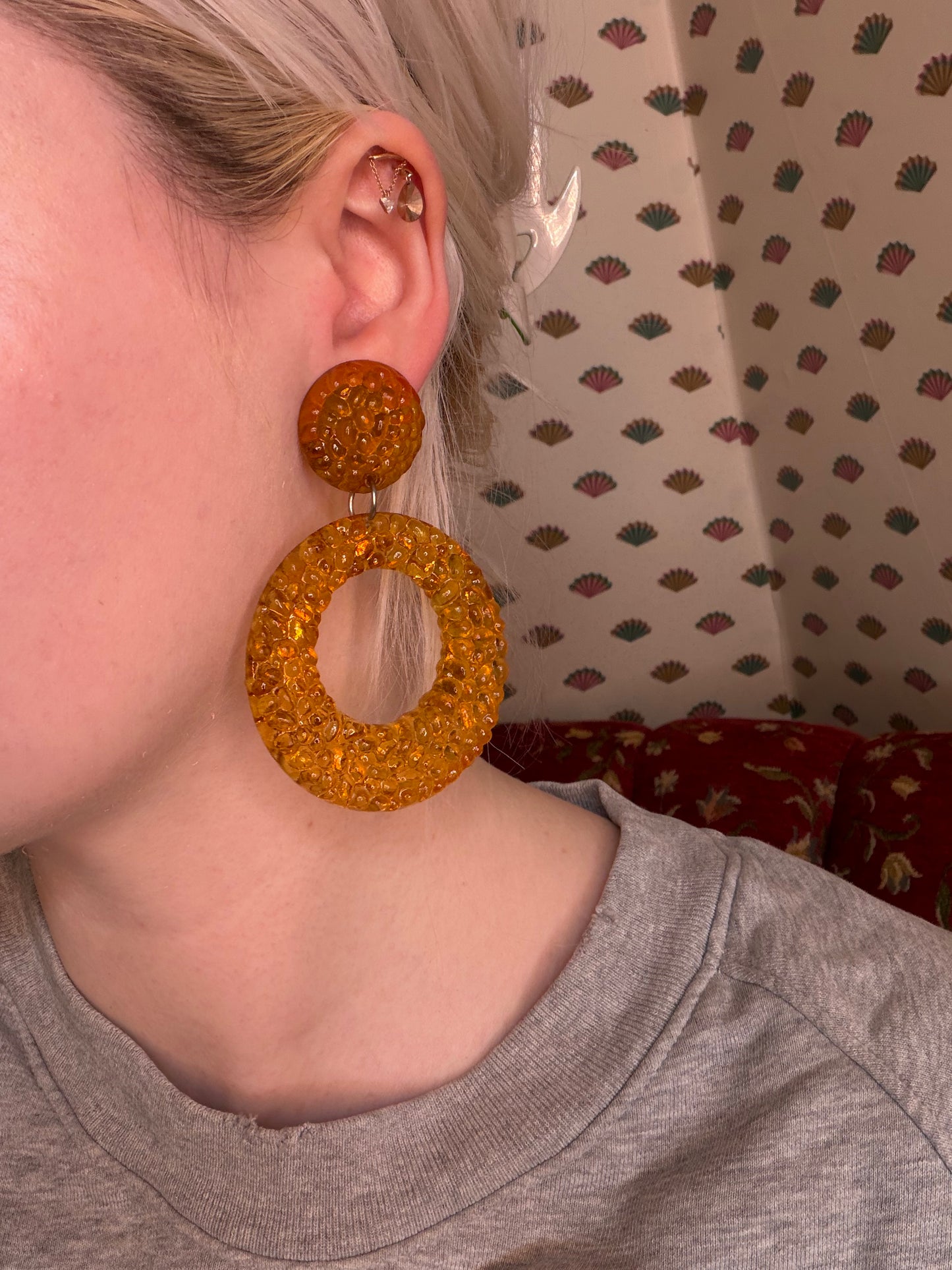Vintage Golden Banana Gummy Lucite Hoop Clip On Earrings