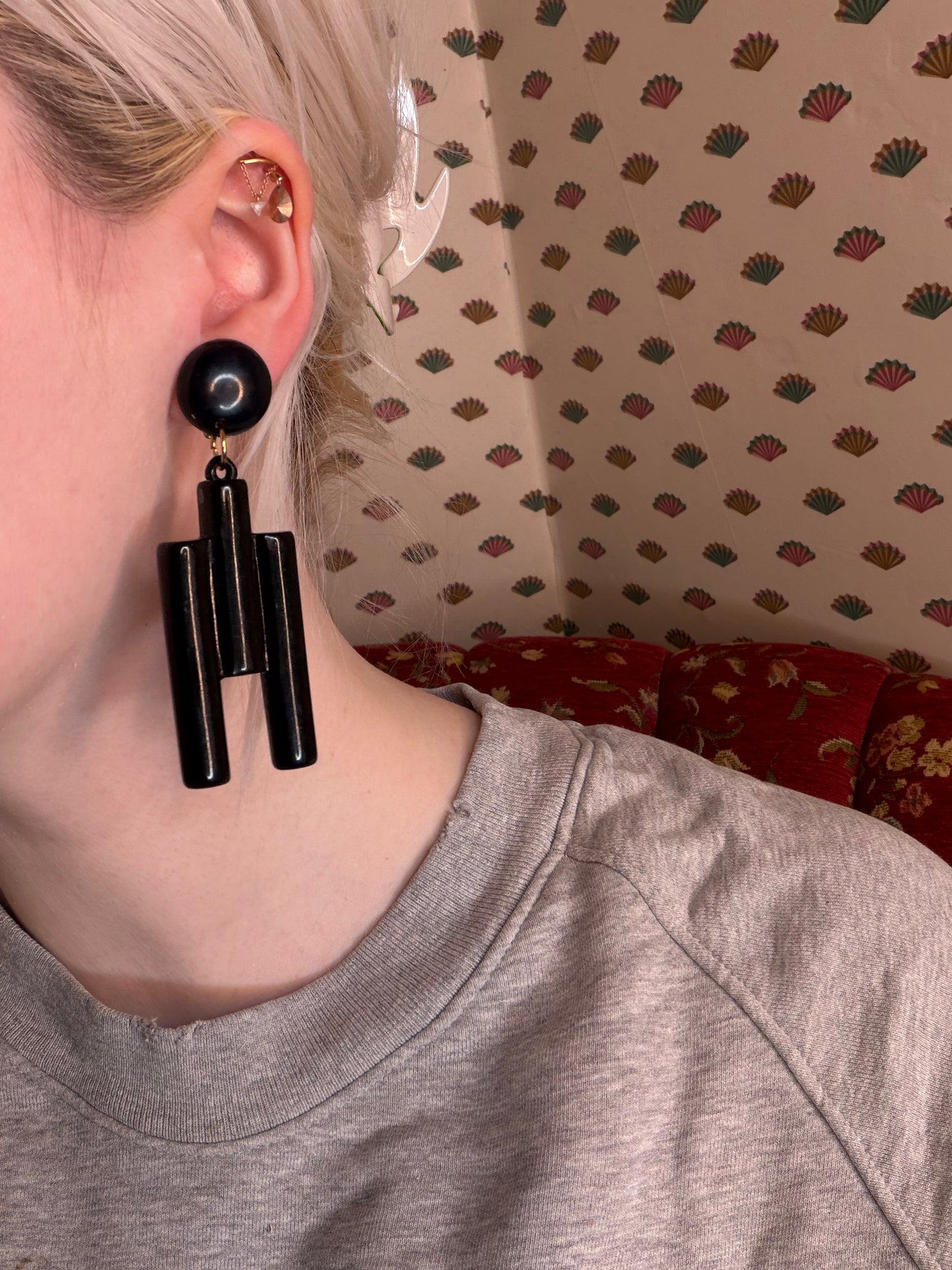 Vintage Huge Cubist Charcoal Column Clip On Earrings