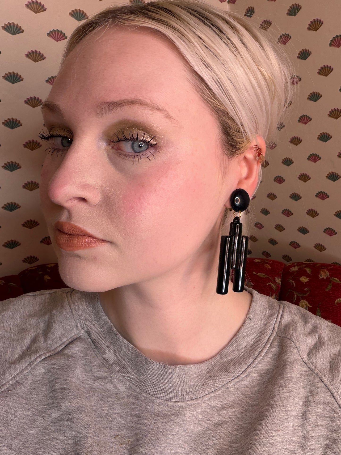 Vintage Huge Cubist Charcoal Column Clip On Earrings