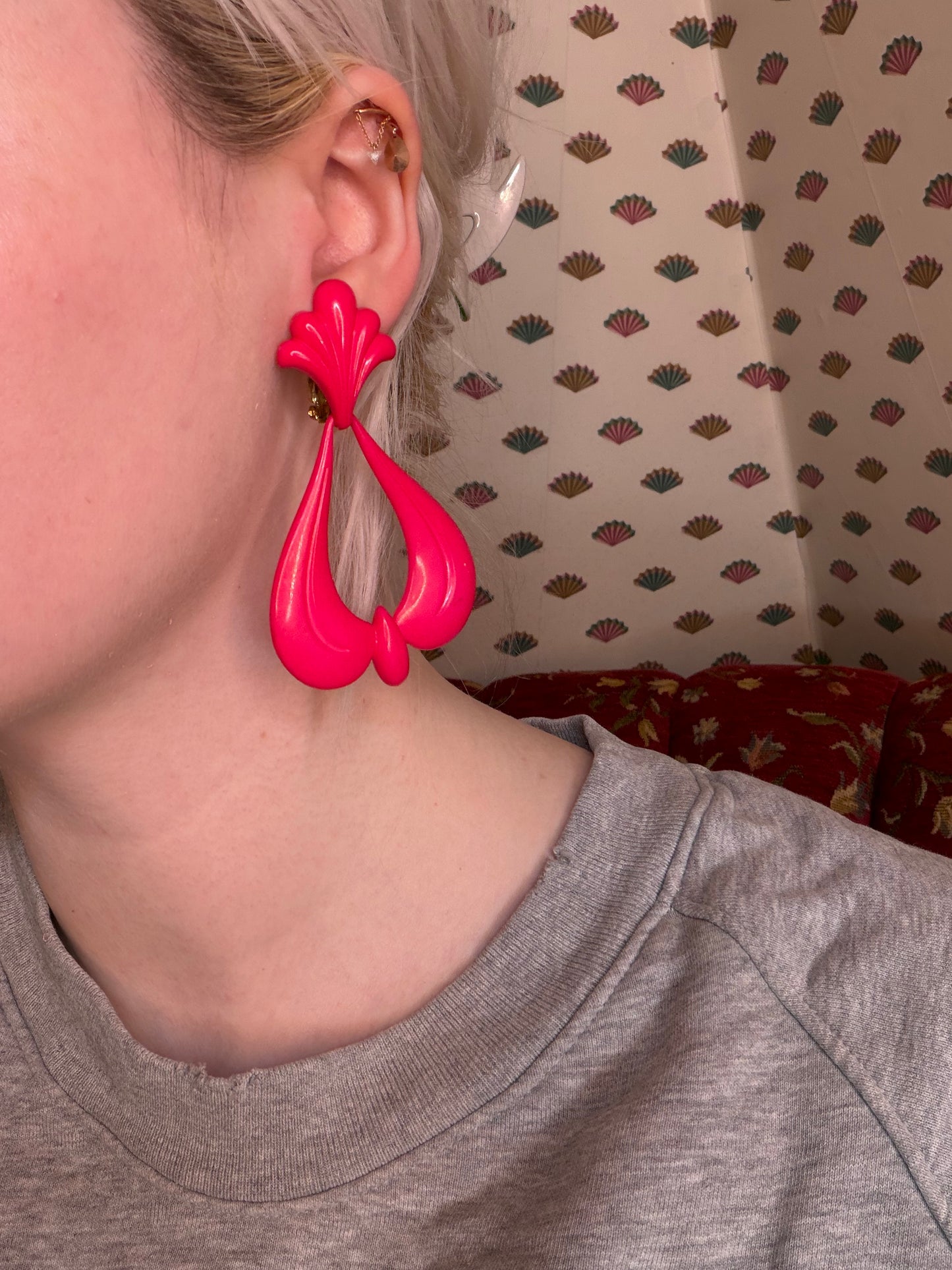 Vintage Huge Rococo Hot Pink West Germany Clip On Earrings