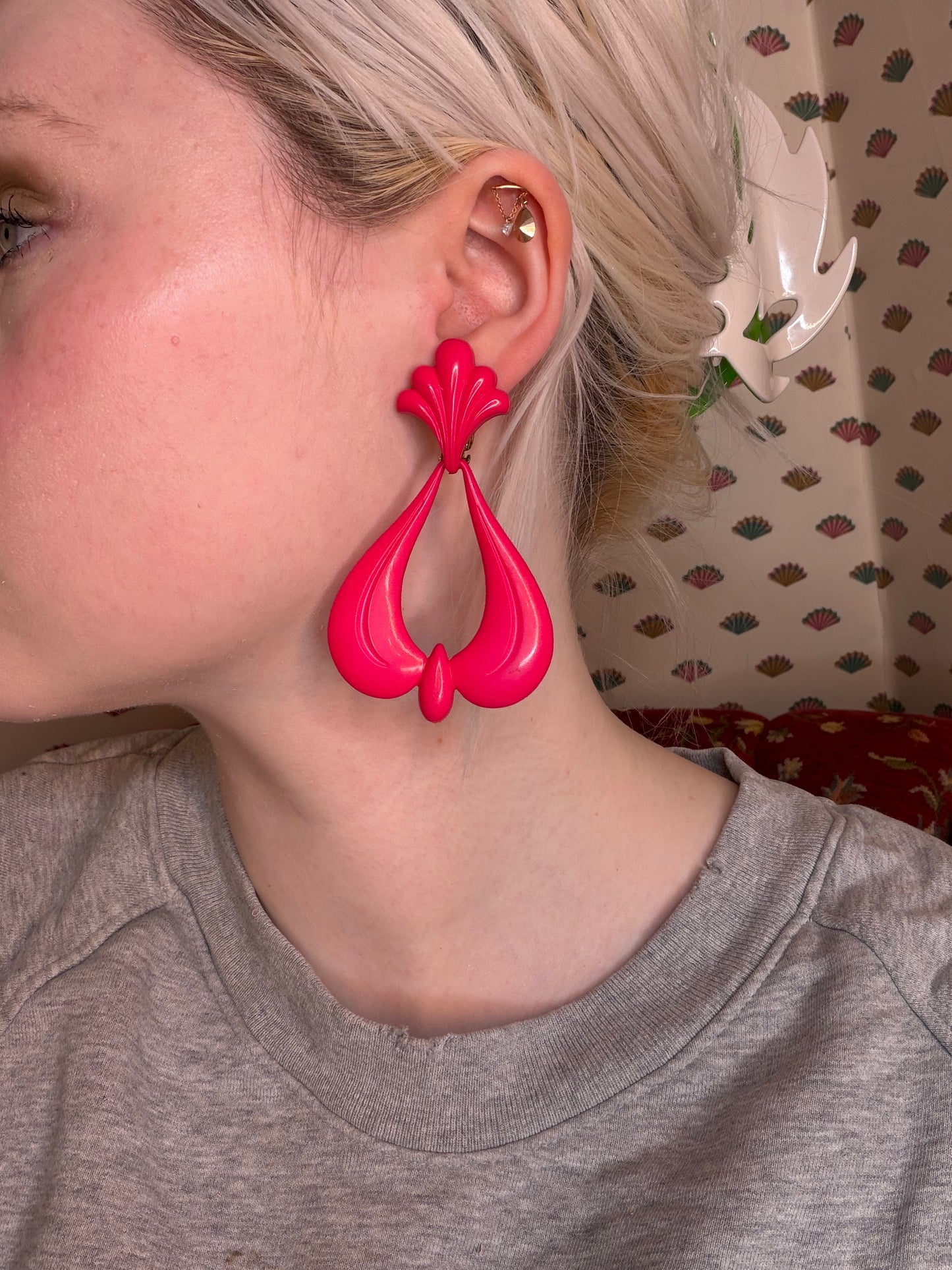 Vintage Huge Rococo Hot Pink West Germany Clip On Earrings