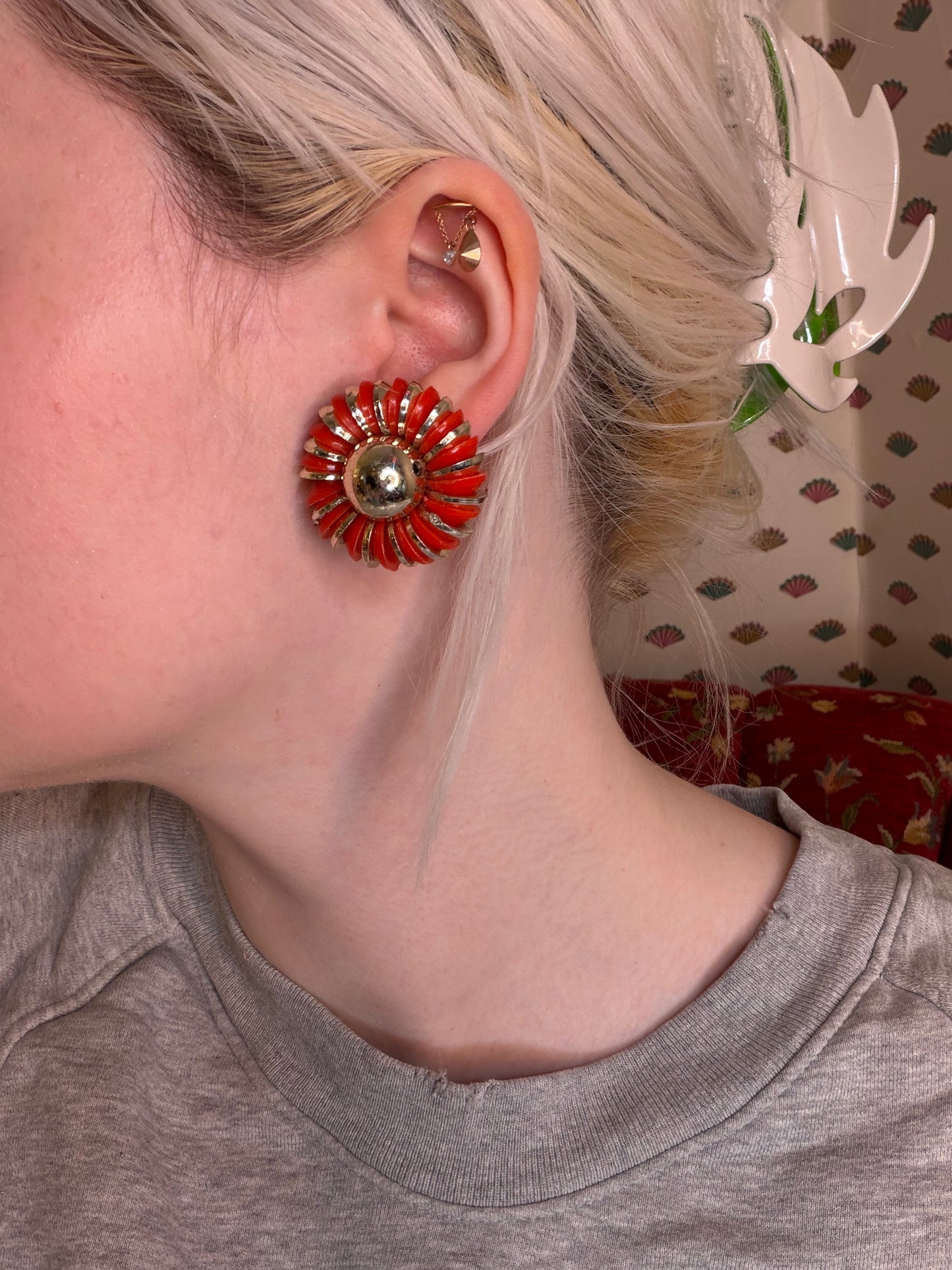 Vintage Metallic Flower Button Style West Germany Clip On Earrings