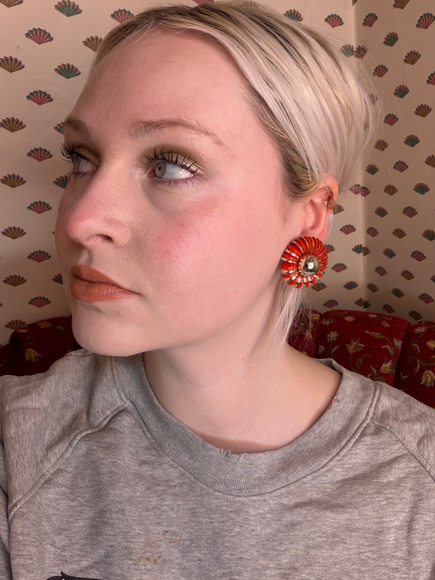 Vintage Metallic Flower Button Style West Germany Clip On Earrings