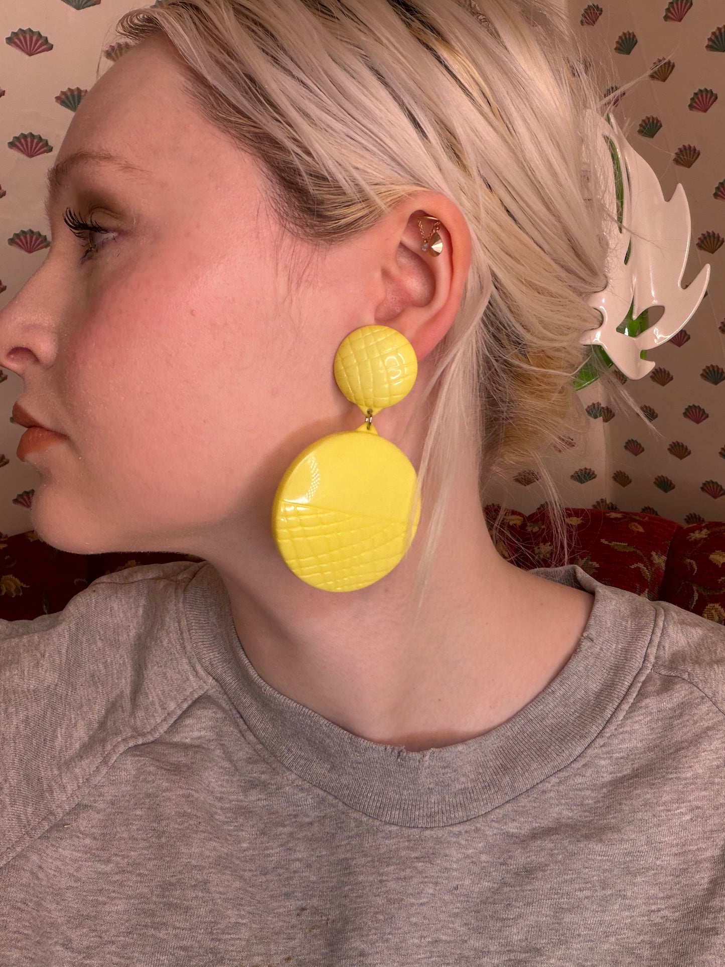 Vintage Huge Butter Yellow Quilted Circles Clip On Earrings