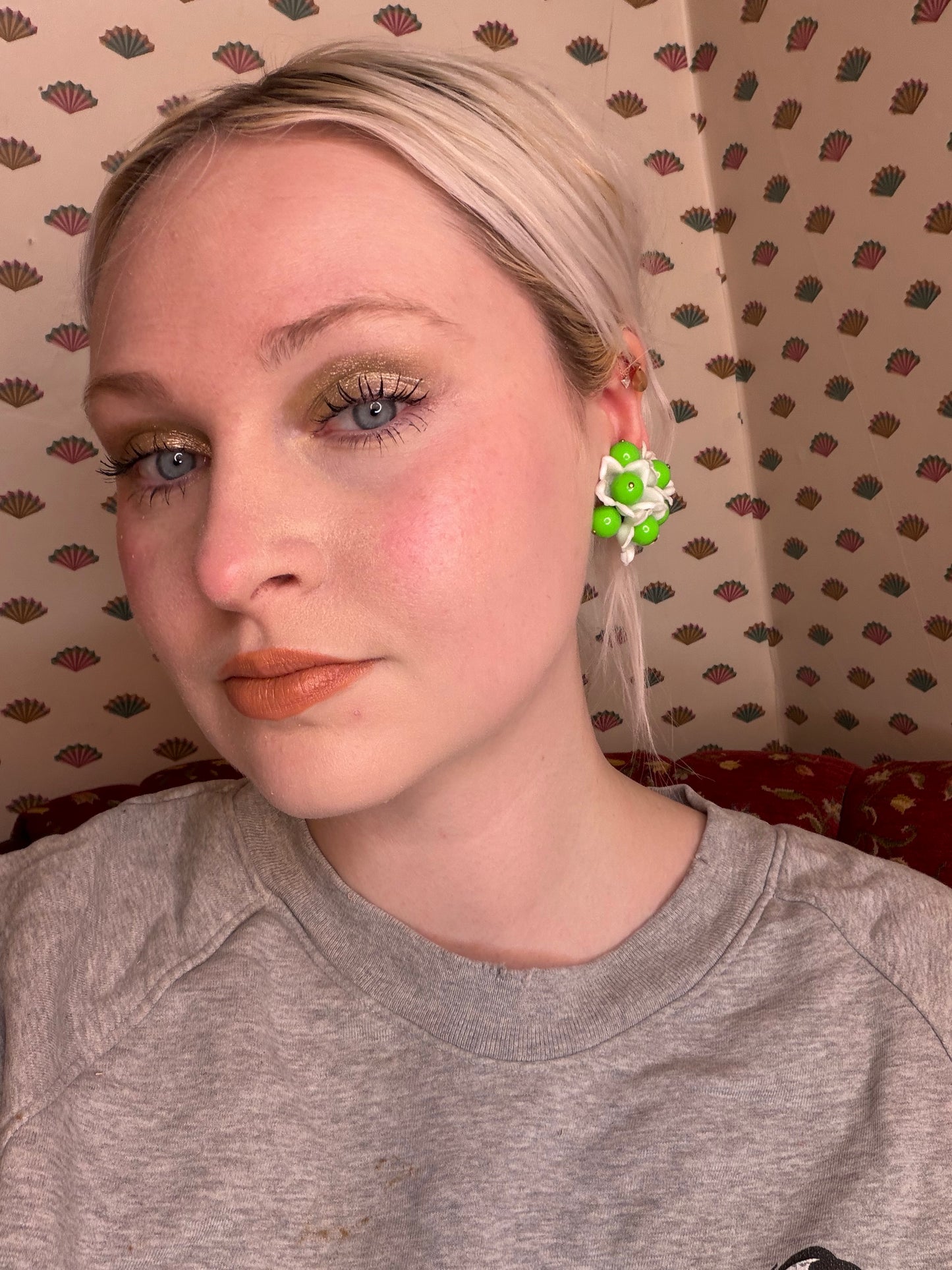Vintage Neon Flower Beaded Button Style West Germany Clip On Earrings