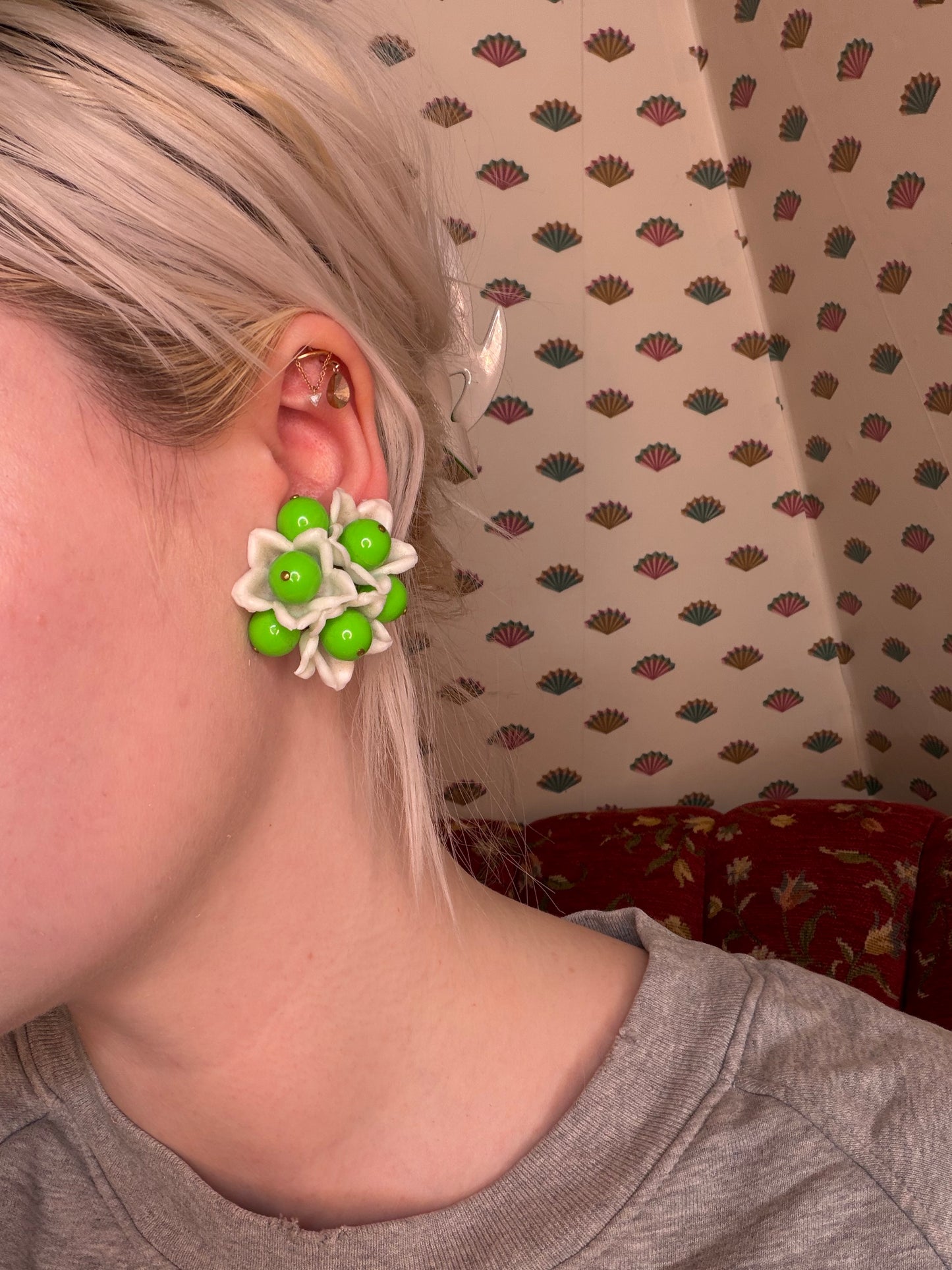 Vintage Neon Flower Beaded Button Style West Germany Clip On Earrings