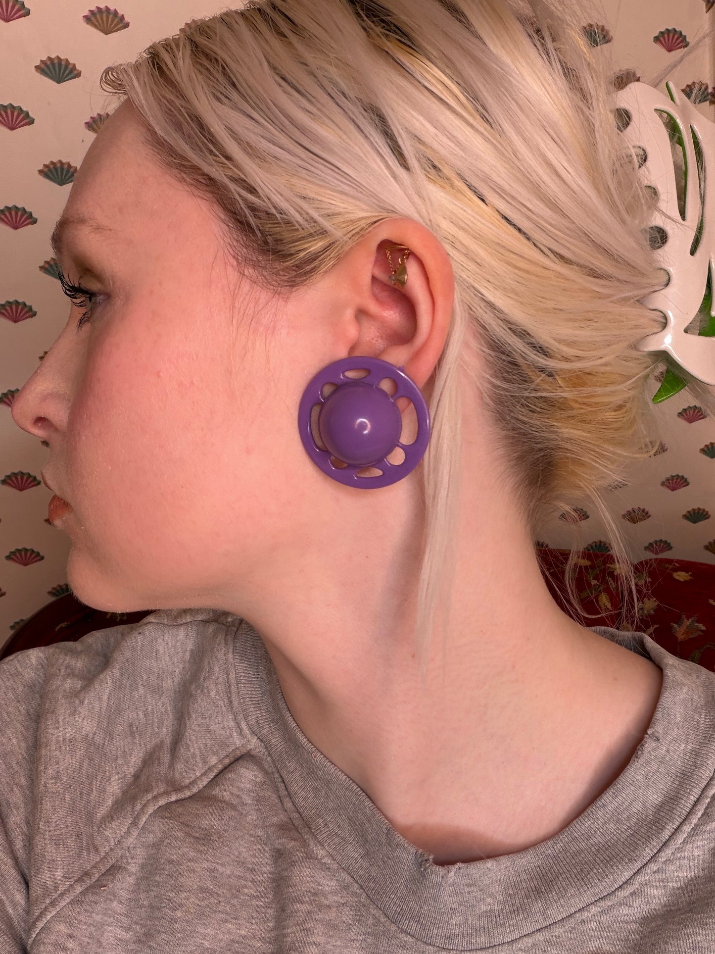 Vintage Purple UFO Button Style West Germany Clip On Earrings