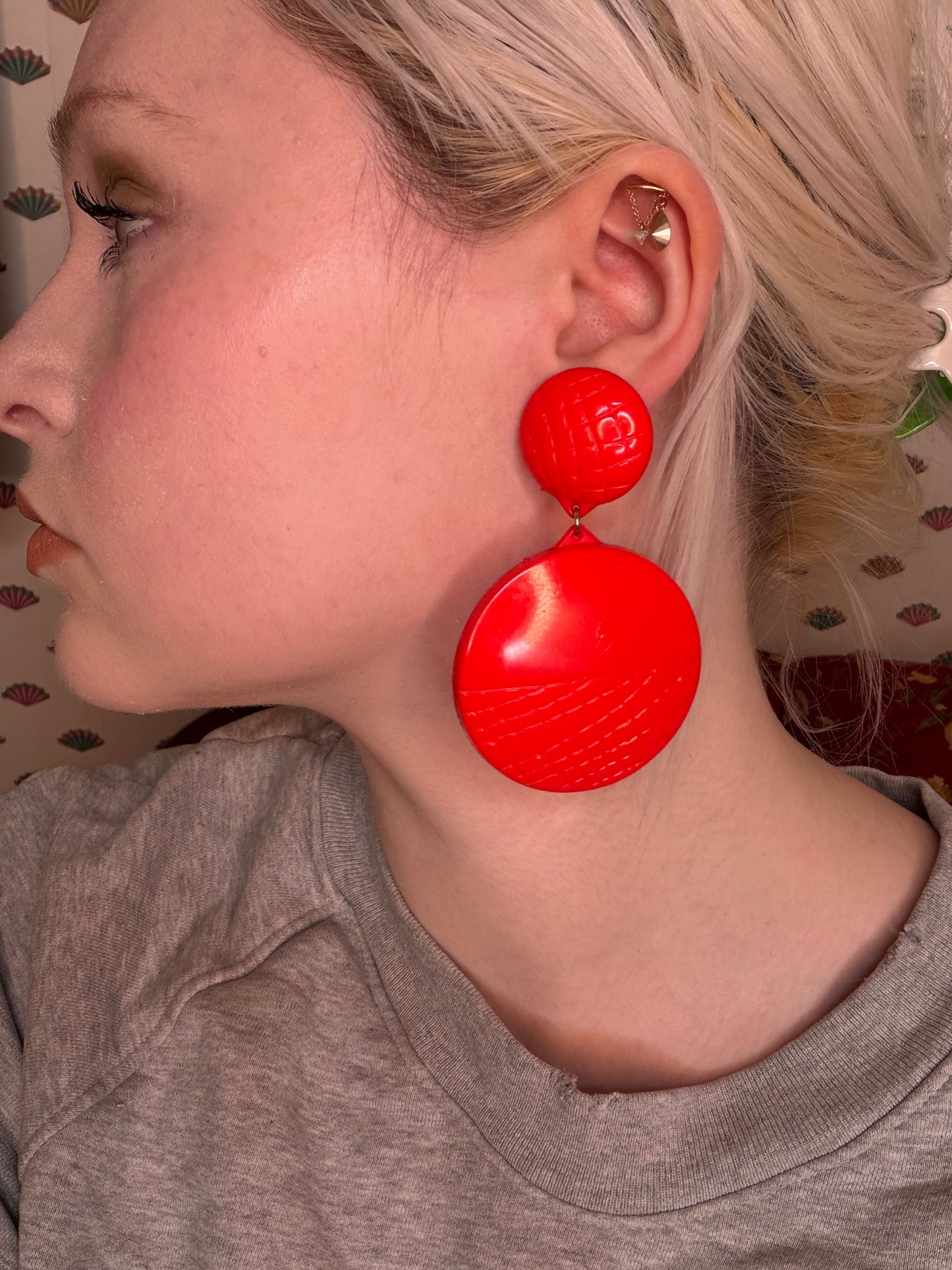 Vintage Huge Quilted Circles Clip On Earrings