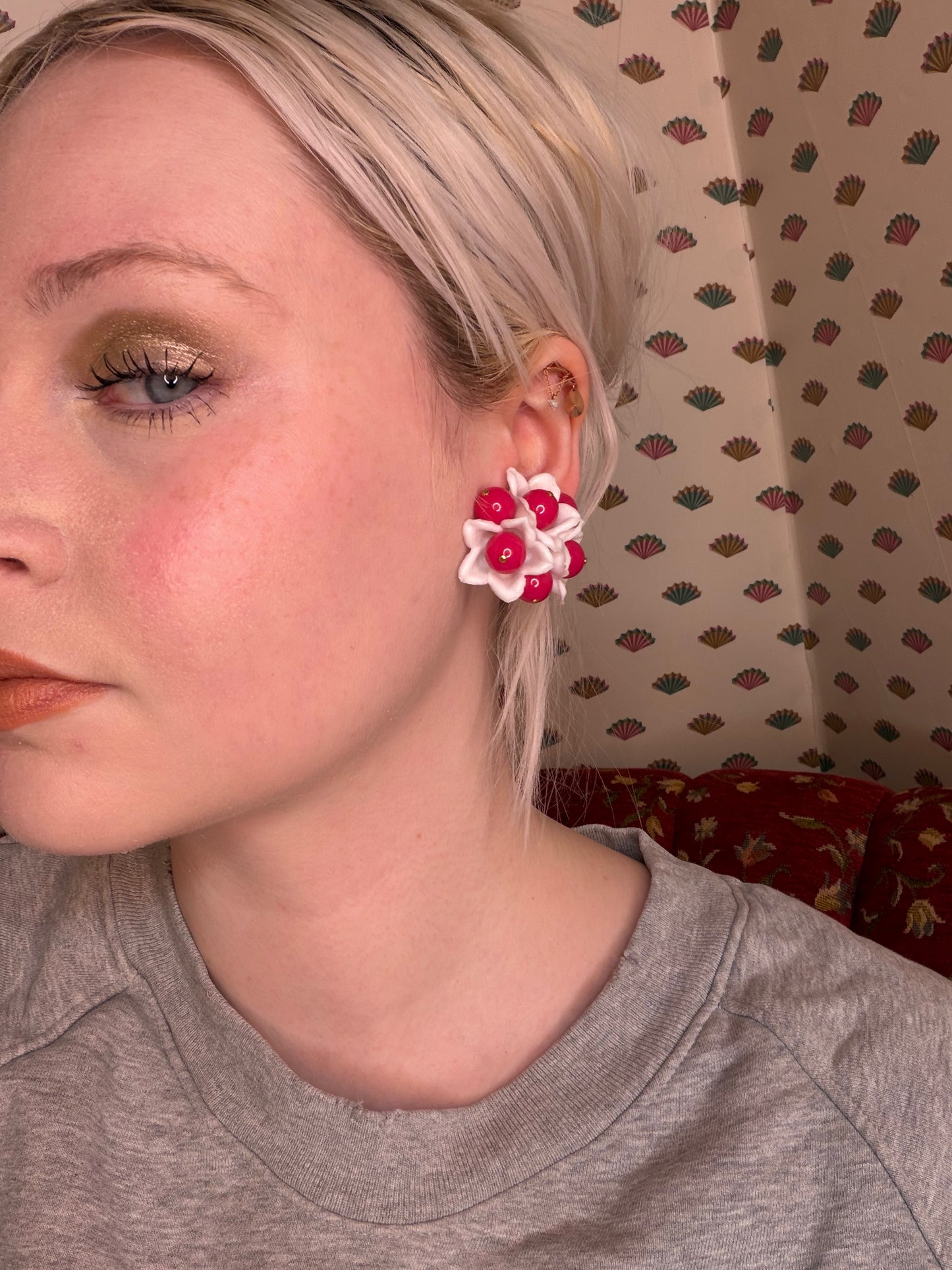 Vintage Hot Pink Flower Beaded Button Style West Germany Clip On Earrings