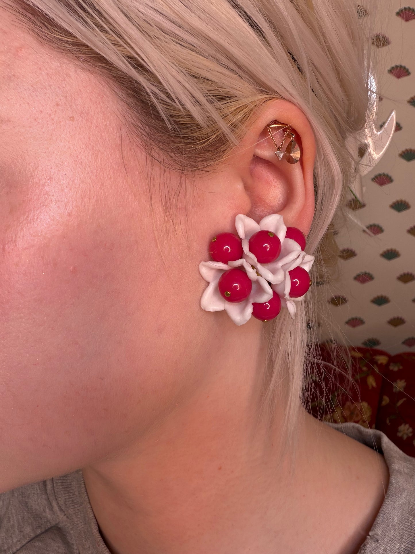 Vintage Hot Pink Flower Beaded Button Style West Germany Clip On Earrings
