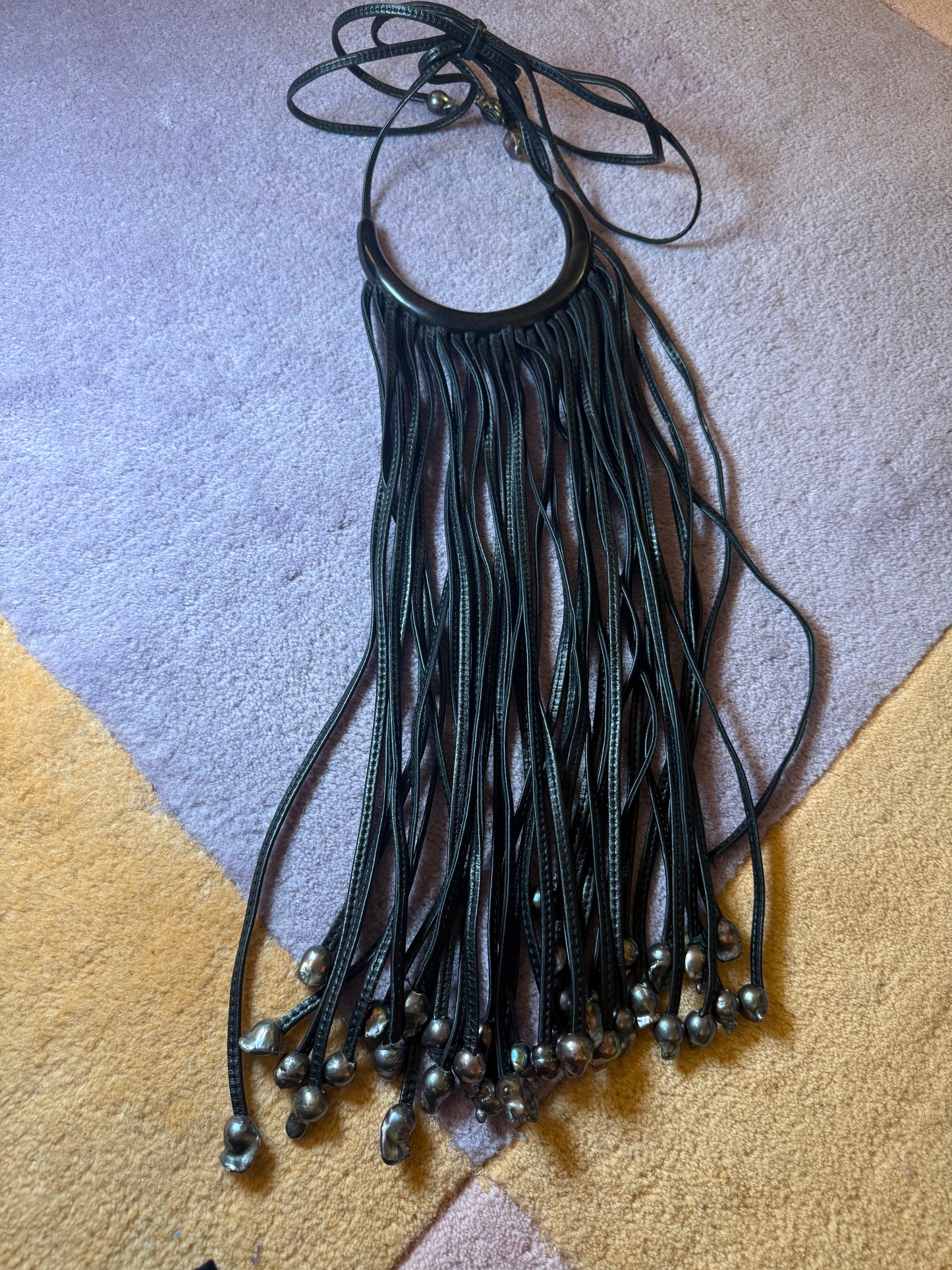 Iris Apfel's Vintage Monumental Monies Leather and Pearl Necklace