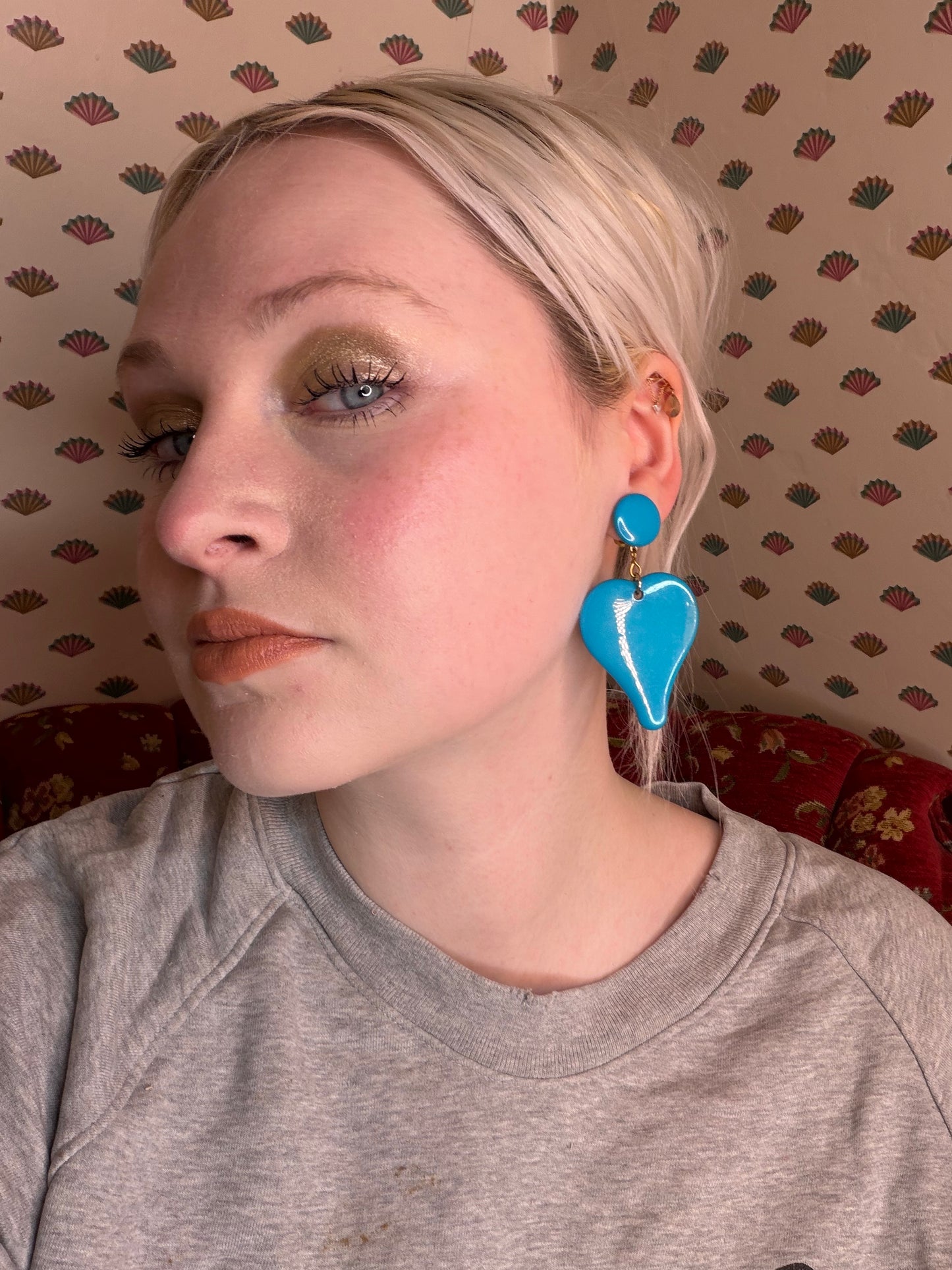 Vintage Bright Blue Heart Clip On Earrings