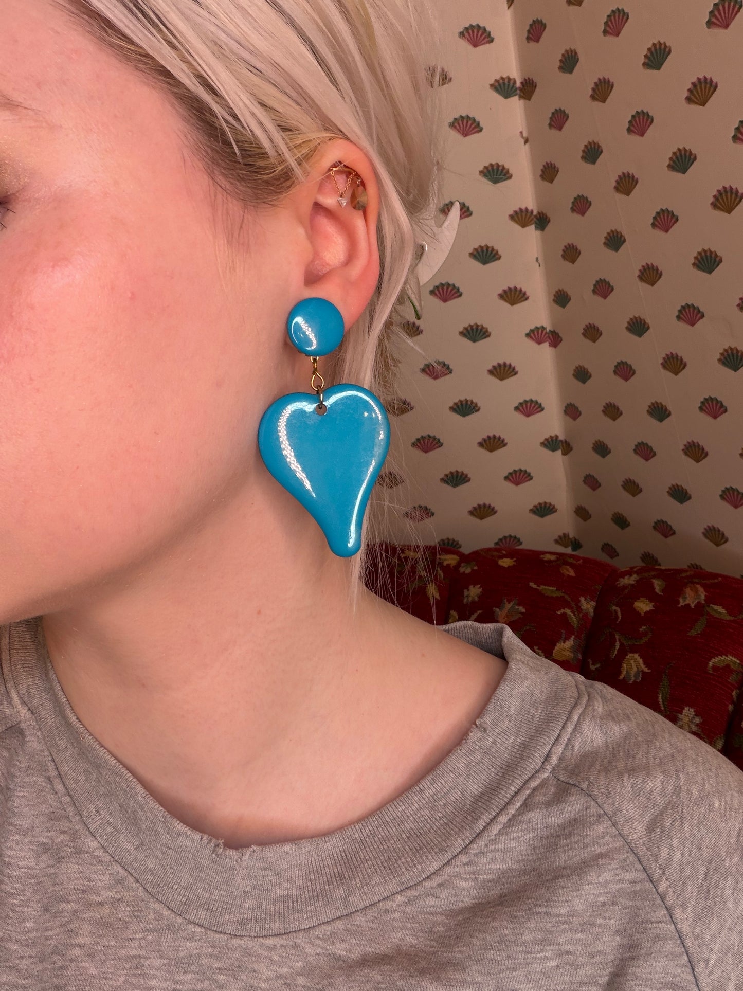 Vintage Bright Blue Heart Clip On Earrings