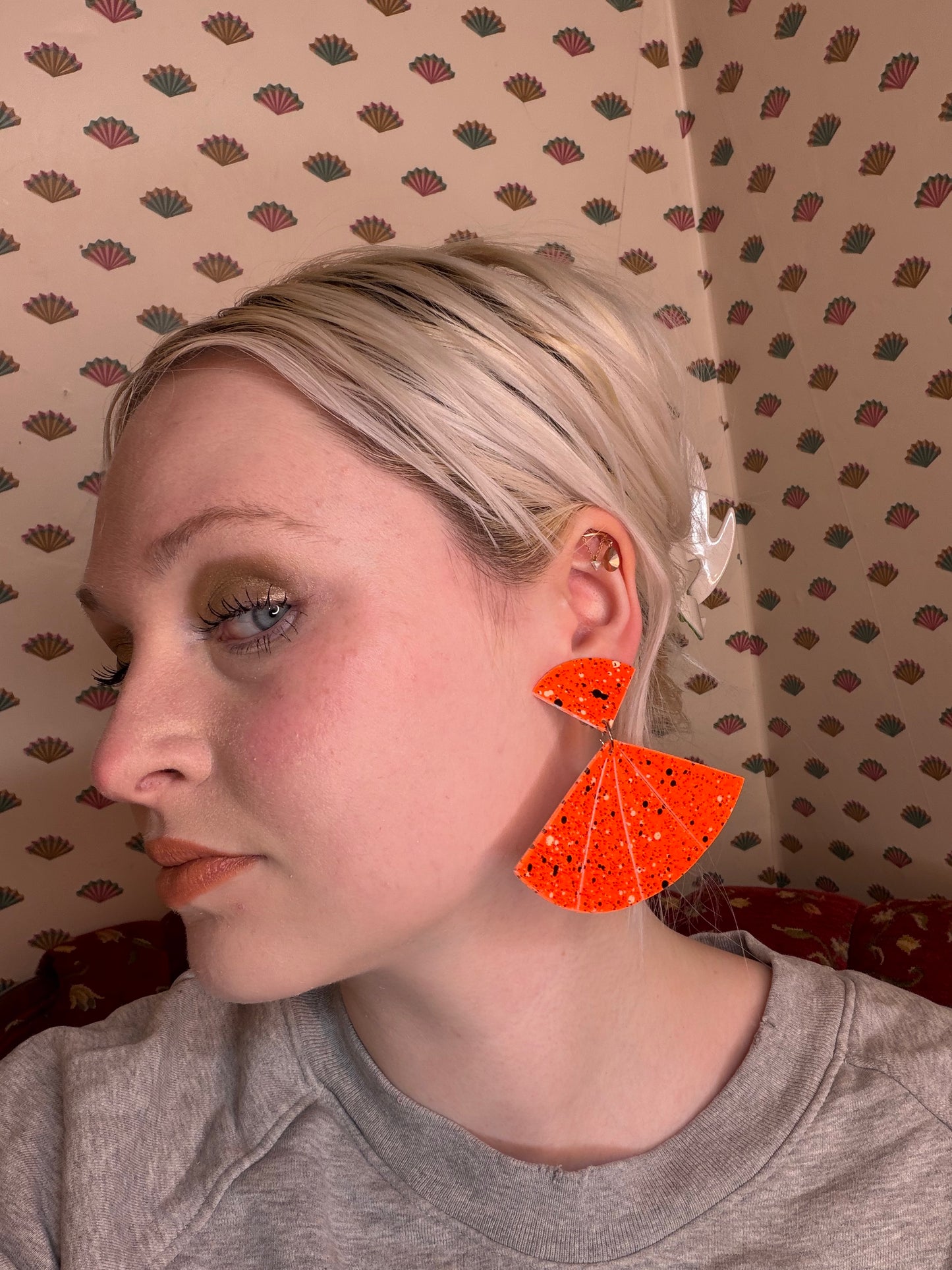 Vintage Tangerine Airbrushed Fan Clip On Earrings