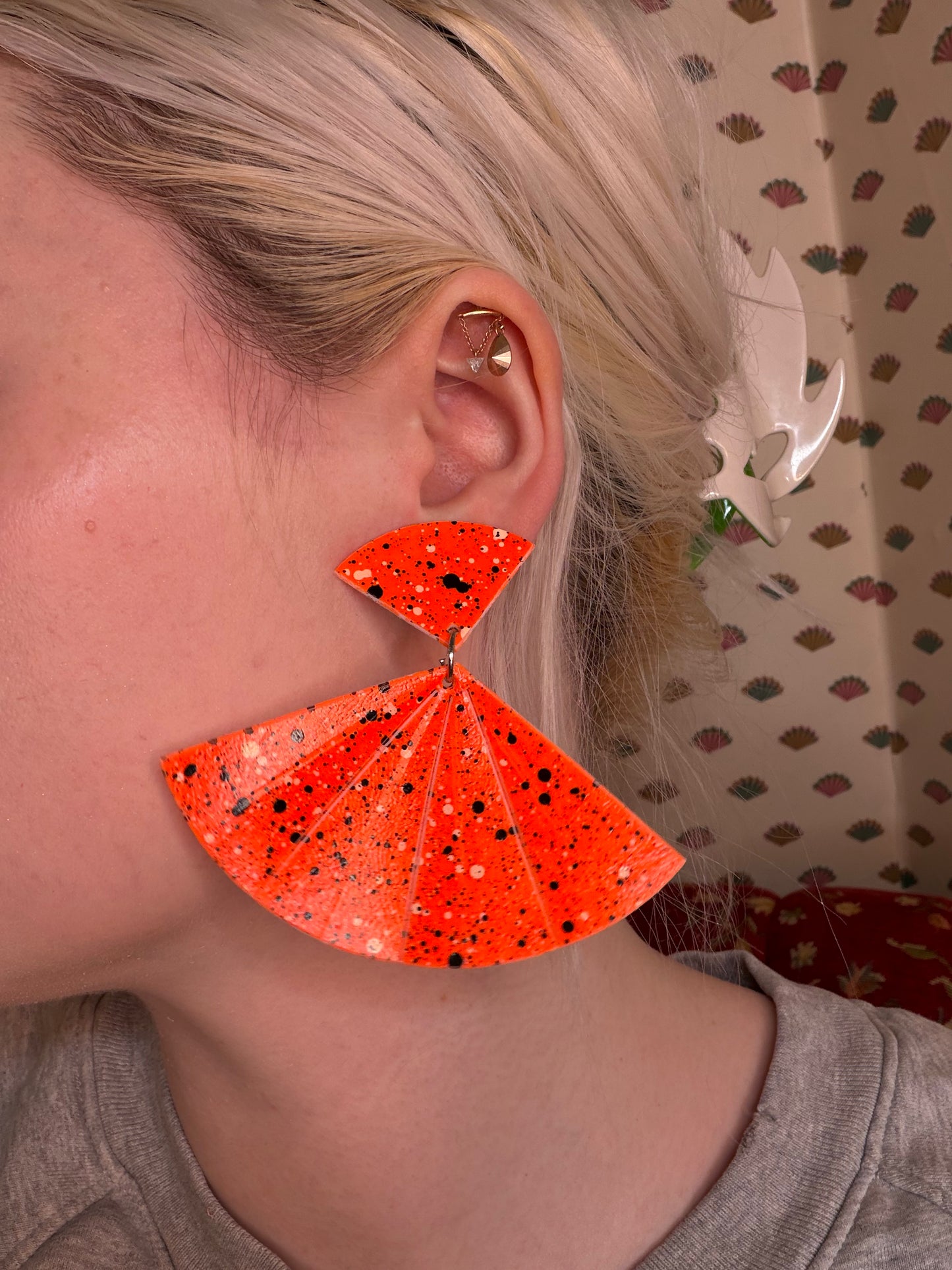 Vintage Tangerine Airbrushed Fan Clip On Earrings