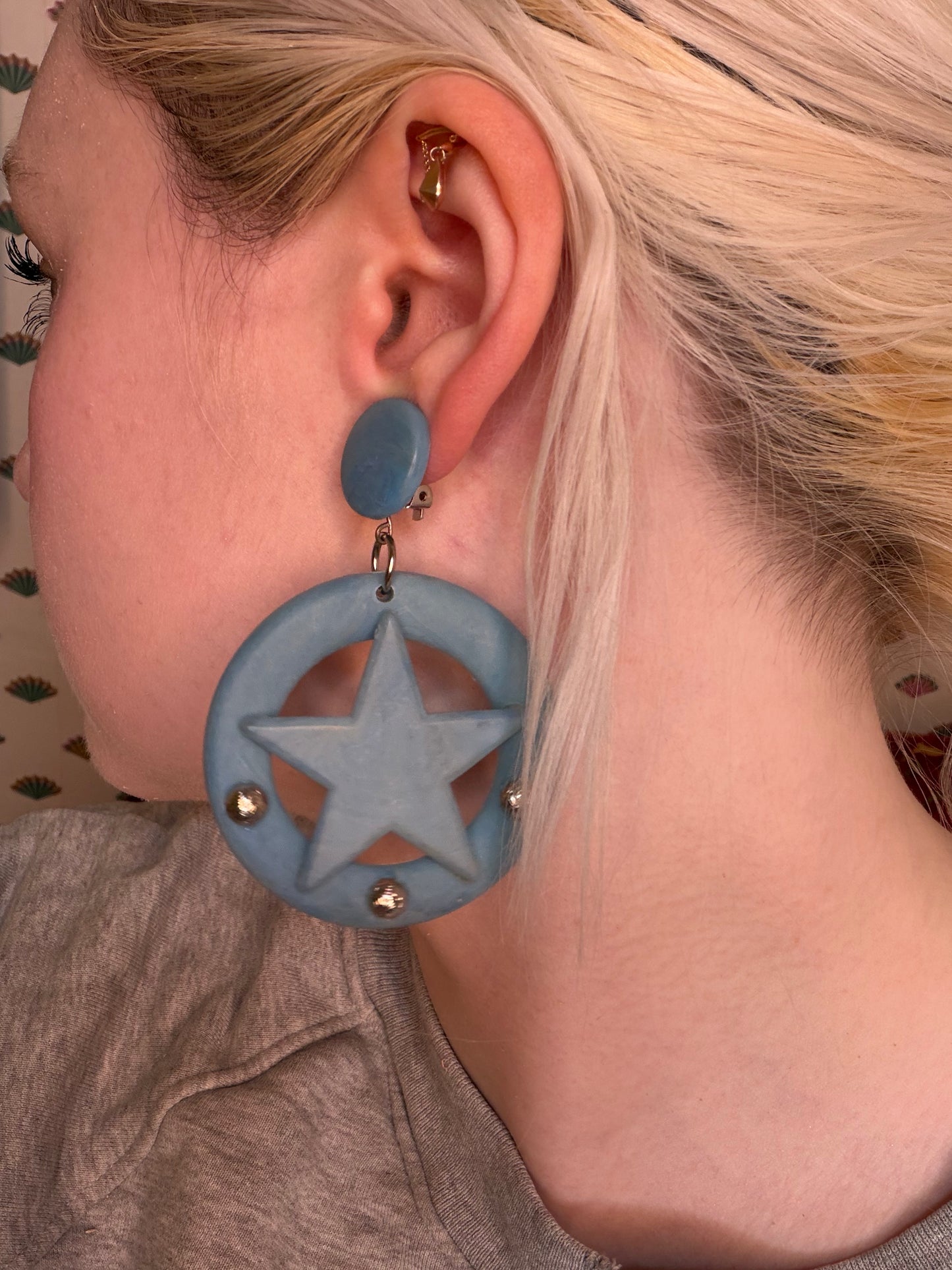 Vintage Blue Studded Star Clip On Earrings