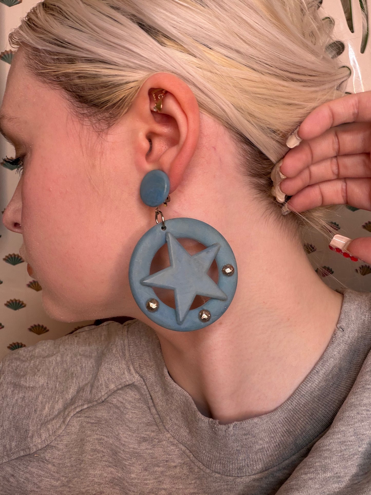 Vintage Blue Studded Star Clip On Earrings