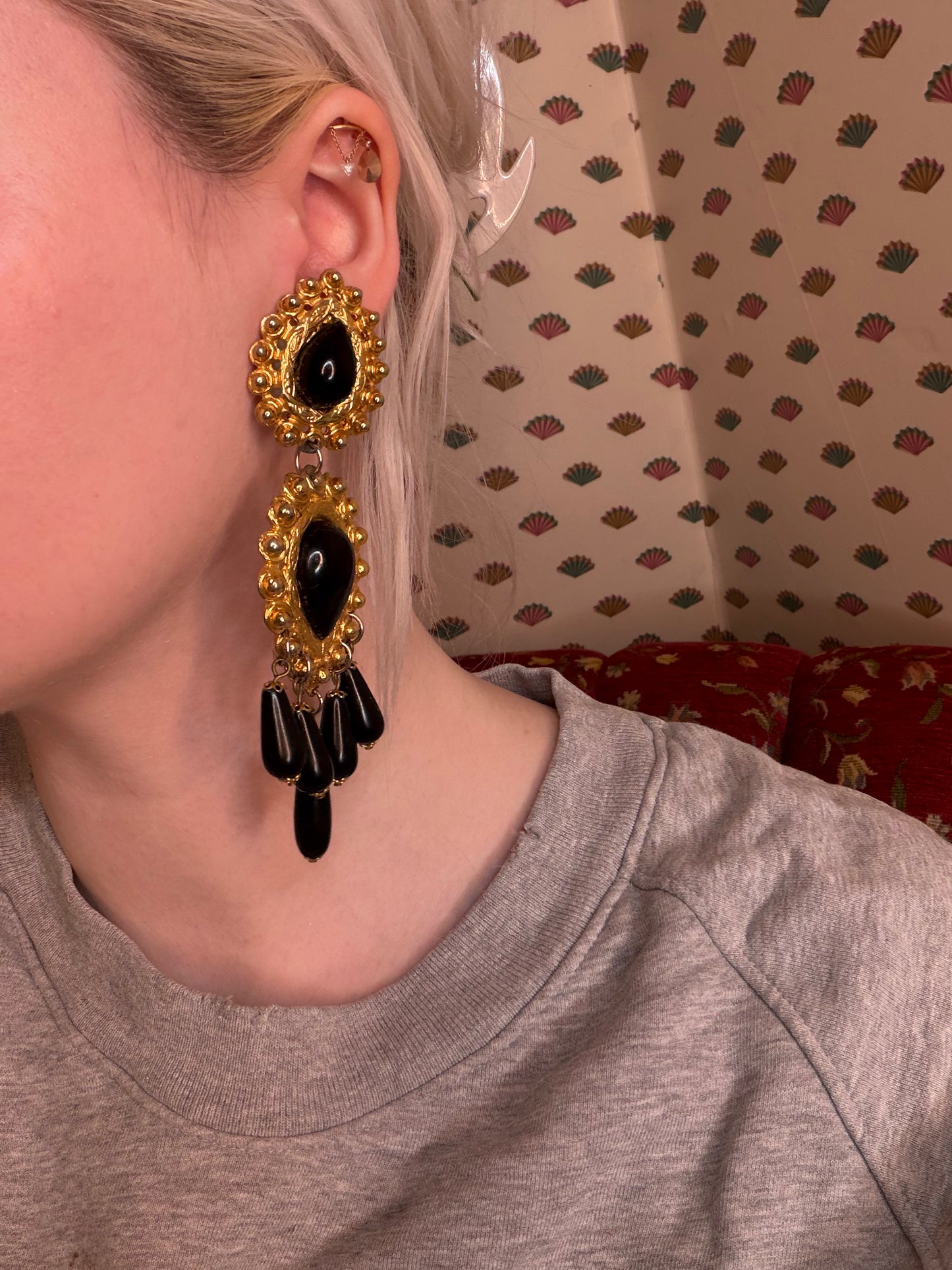 Vintage Black and Gold Huge Beaded Chandelier Drop Clip On Earrings