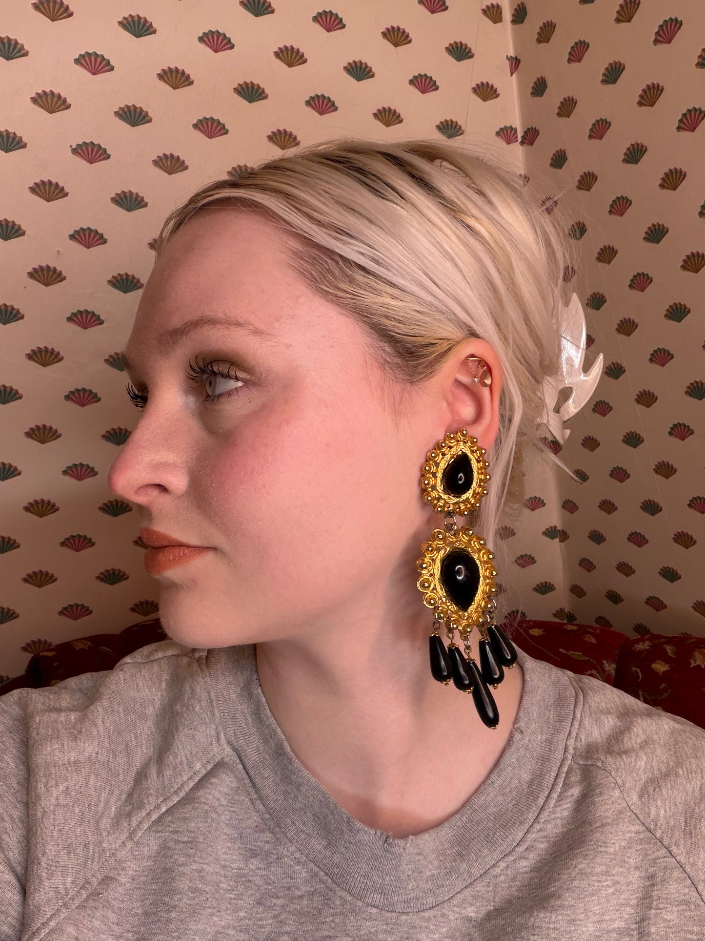 Vintage Black and Gold Huge Beaded Chandelier Drop Clip On Earrings