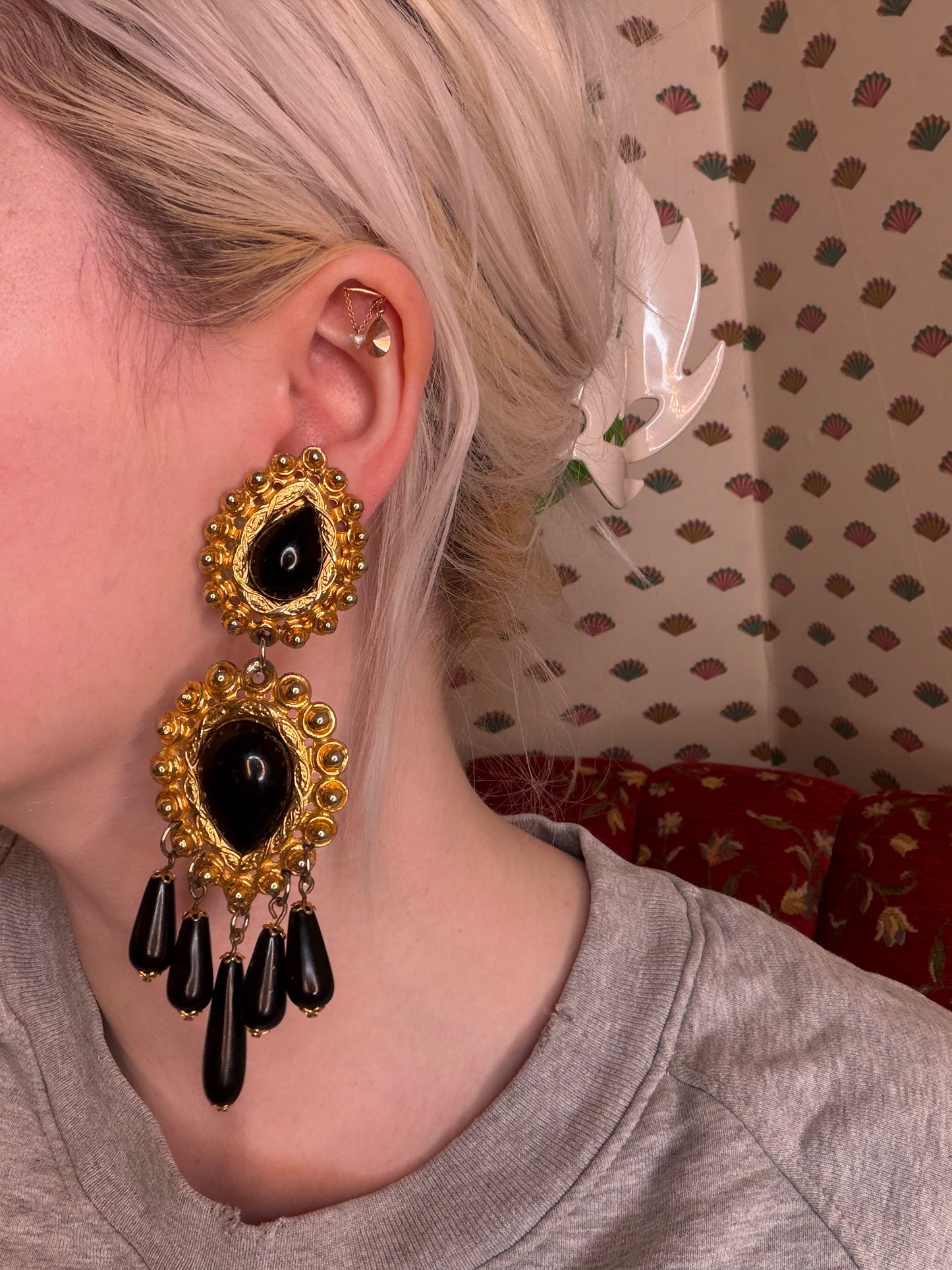 Vintage Black and Gold Huge Beaded Chandelier Drop Clip On Earrings