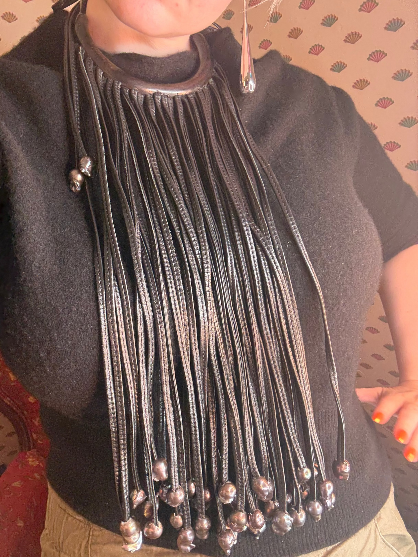 Iris Apfel's Vintage Monumental Monies Leather and Pearl Necklace