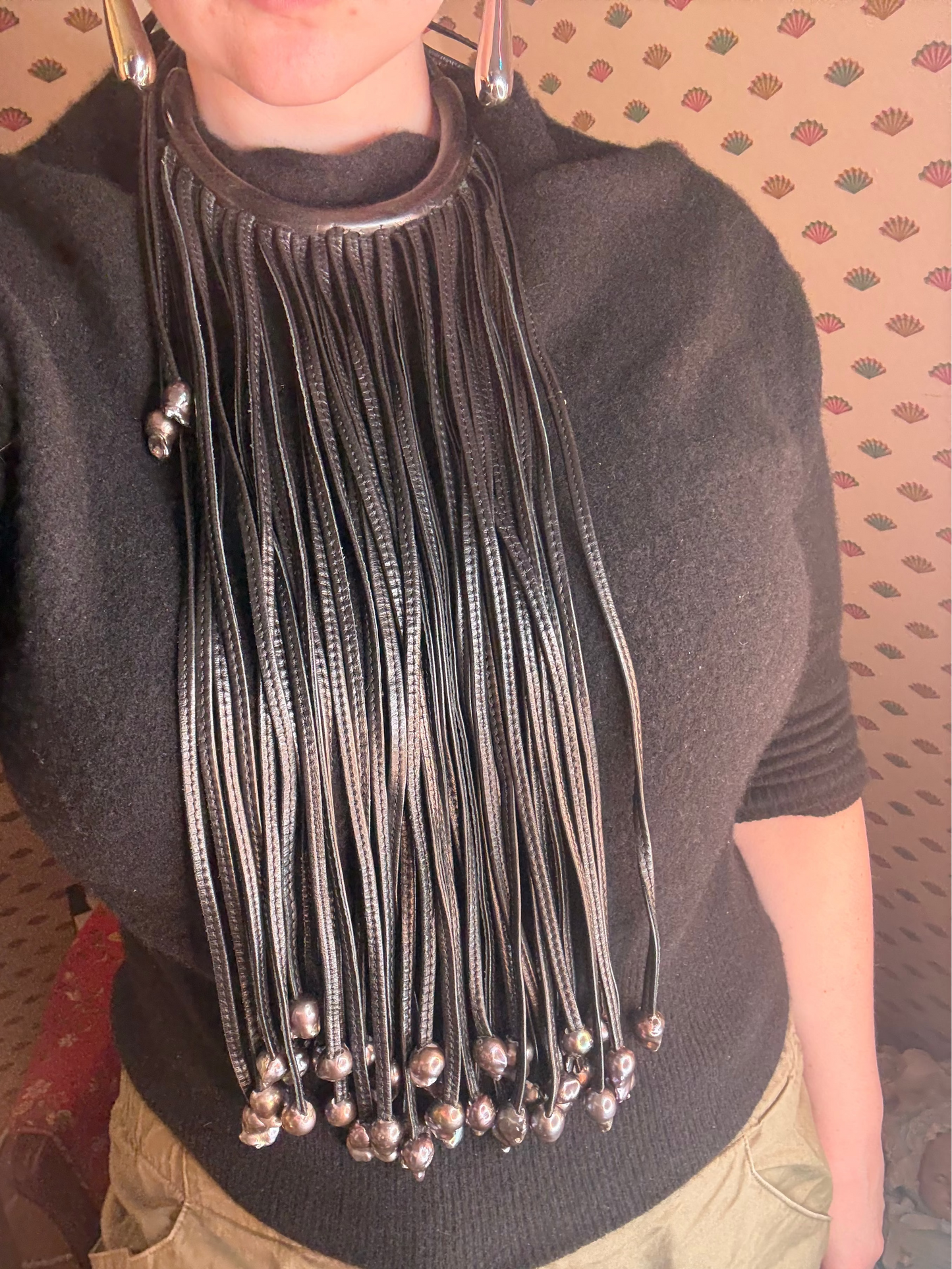 Iris Apfel's Vintage Monumental Monies Leather and Pearl Necklace