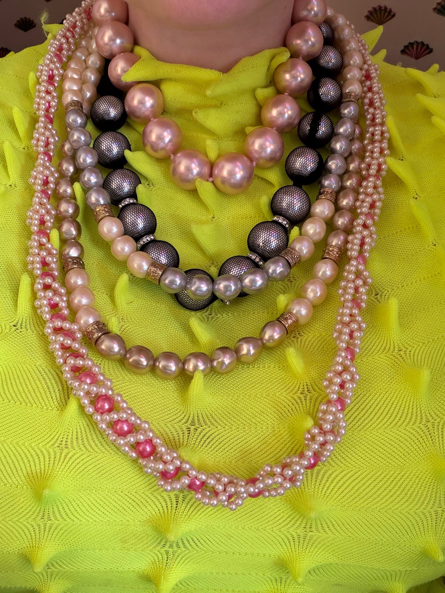 Vintage Chunky Three Tone Double Strand Pearl Necklace