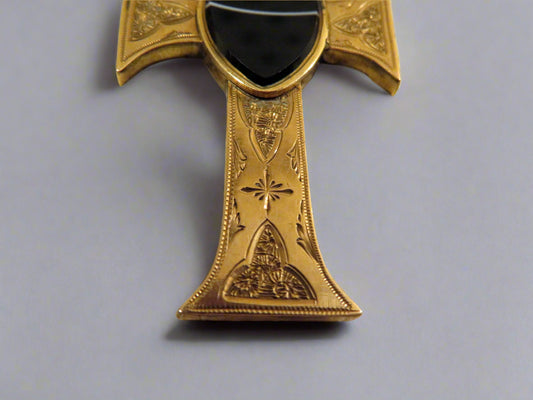 RARE Large Antique 9K Solid Gold Victorian Banded Agate Locket Cross Pendant