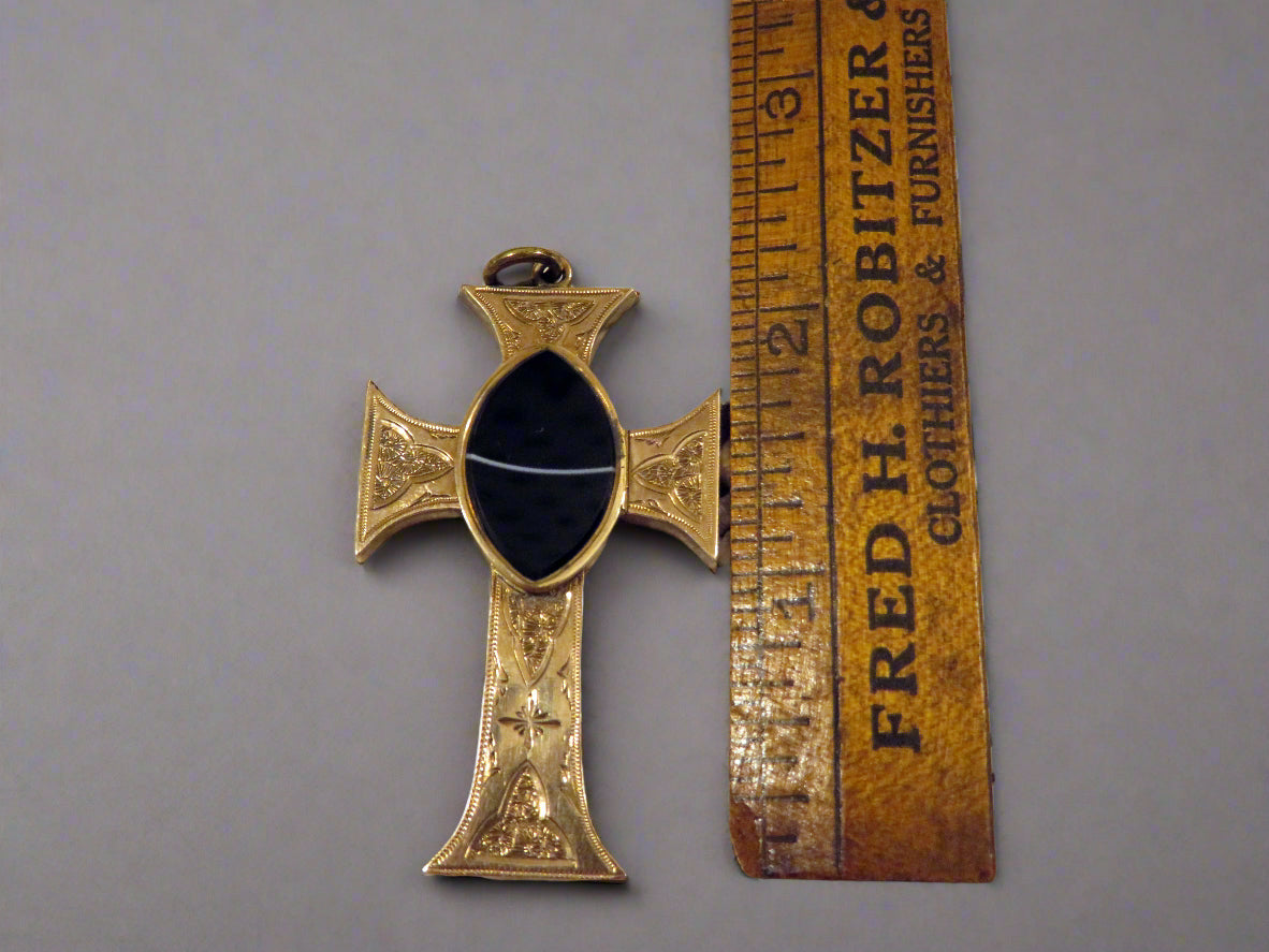 Antique 9K Solid Gold Victorian Banded Agate Locket Cross Pendant