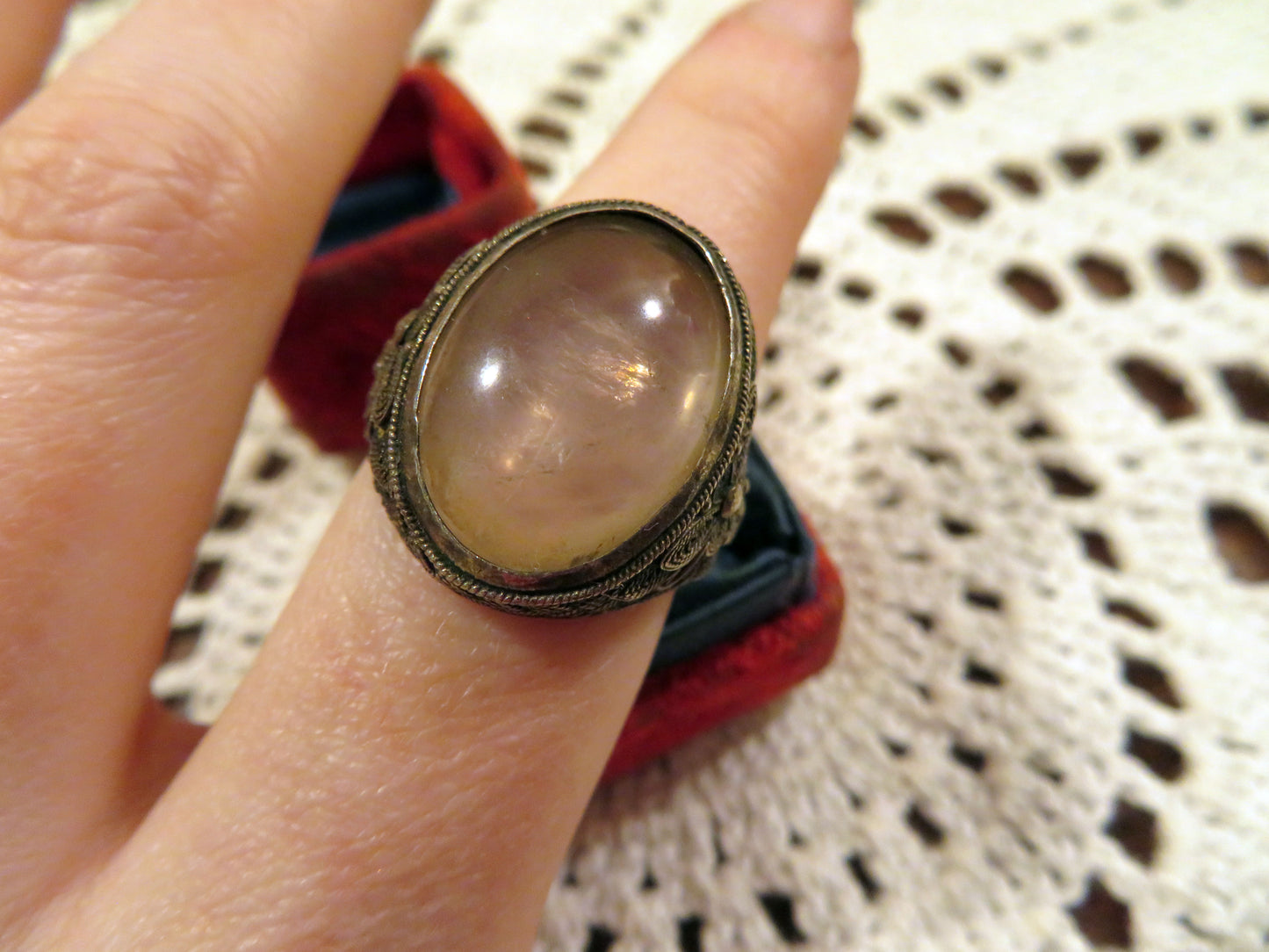 Antique Arts and Crafts Quartz Silver Filigree Ring