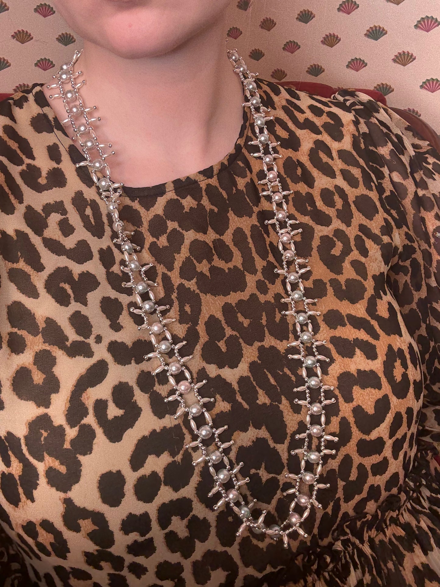 Vintage Mint Champagne Metallic Midcentury Pearl Fringe Necklace