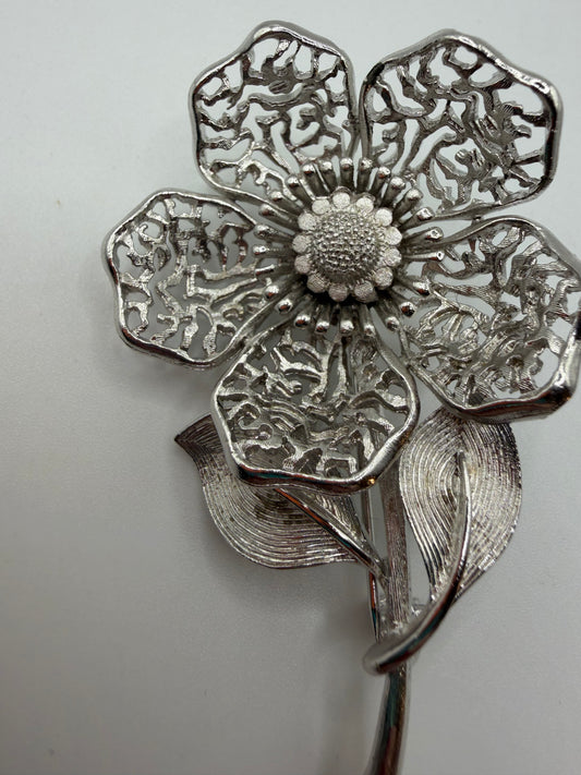 Vintage Coro Mid-Century Silver Filigree Flower Brooch