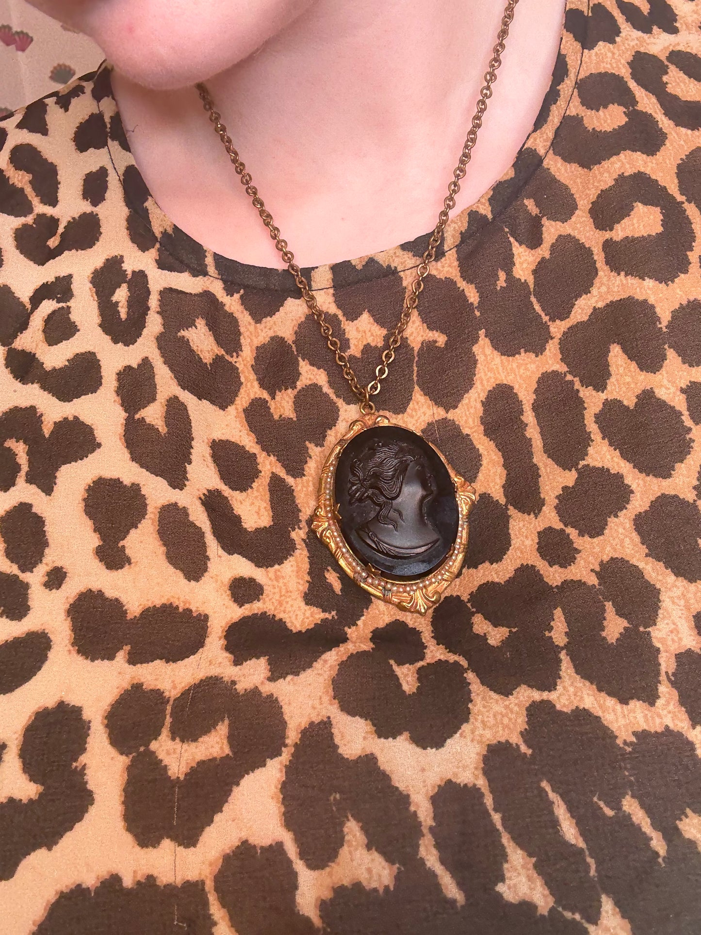 Antique Victorian Revival Black Glass Cameo Necklace