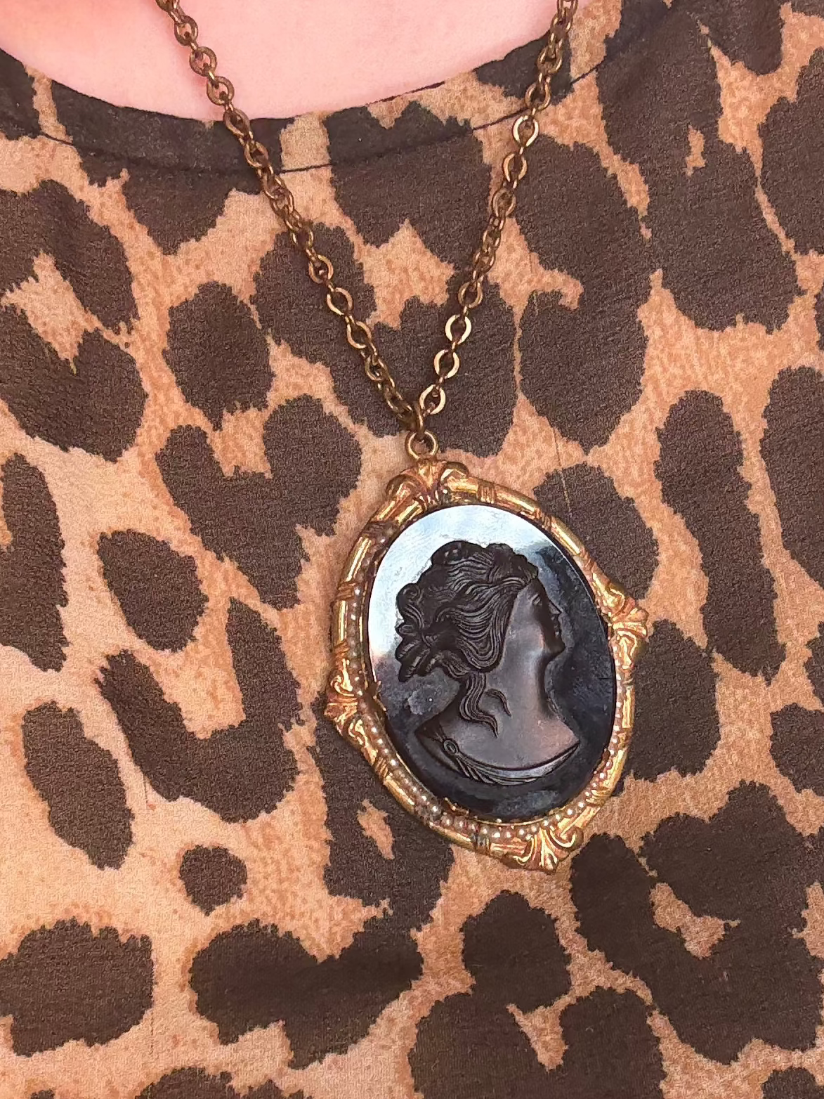 Antique Victorian Revival Black Glass Cameo Necklace