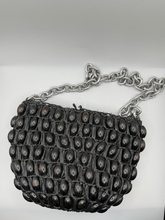 Vintage 1960s Mod Black Wooded Beaded Bag