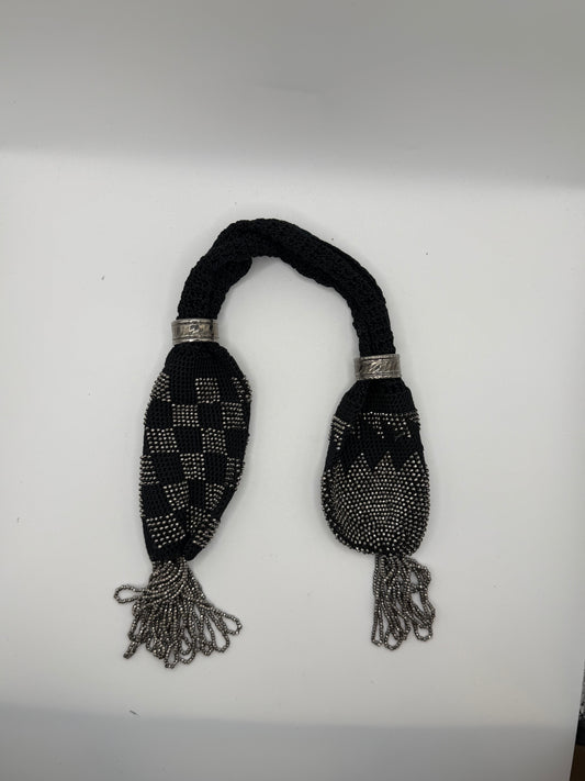 Antique Victorian Cut Steel Miser's Purse, Black Silk Crochet, c. 1840s–1880s