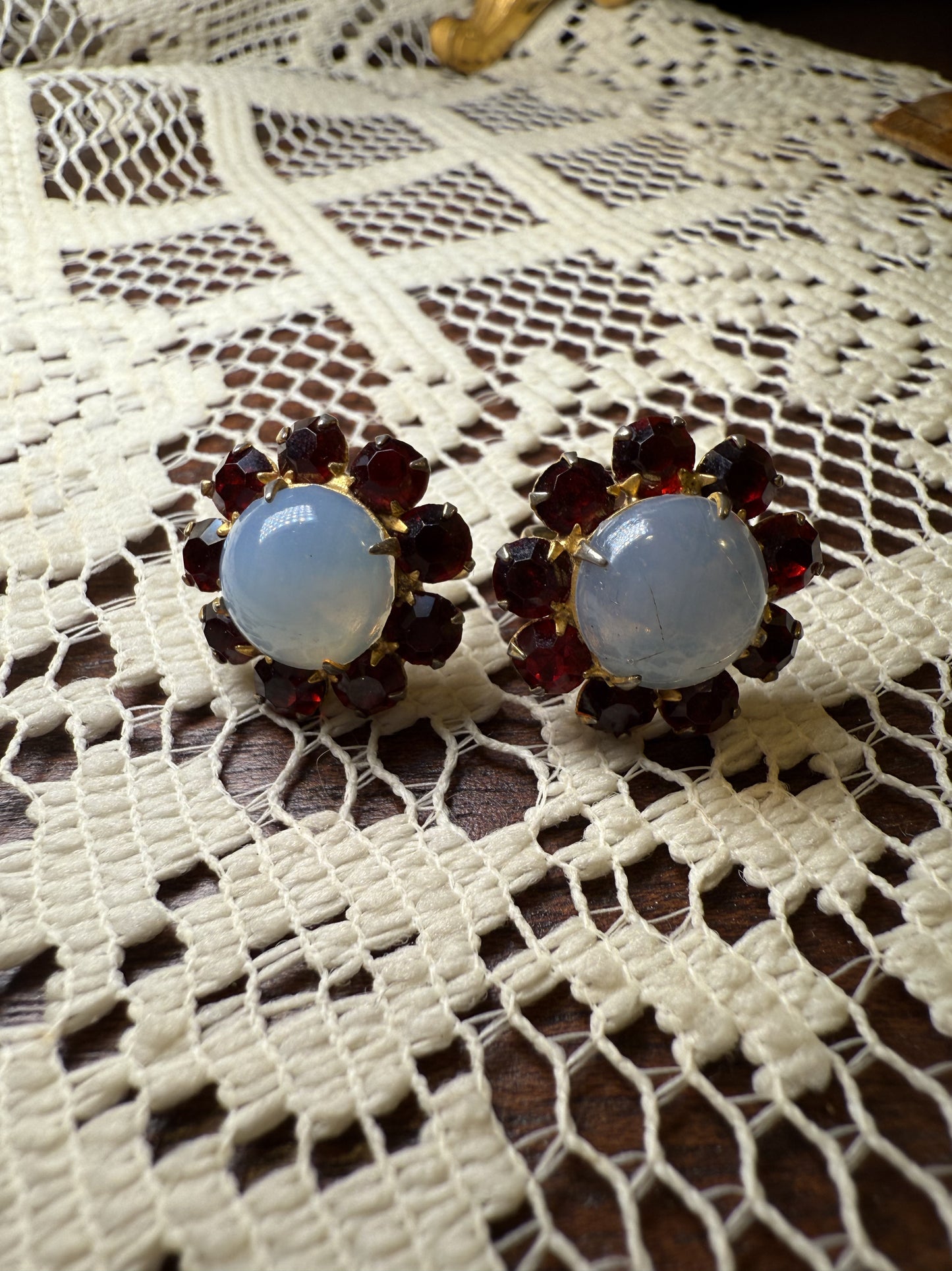 Antique Cabochon Faux Moonstone and Garnet Crystal Earrings