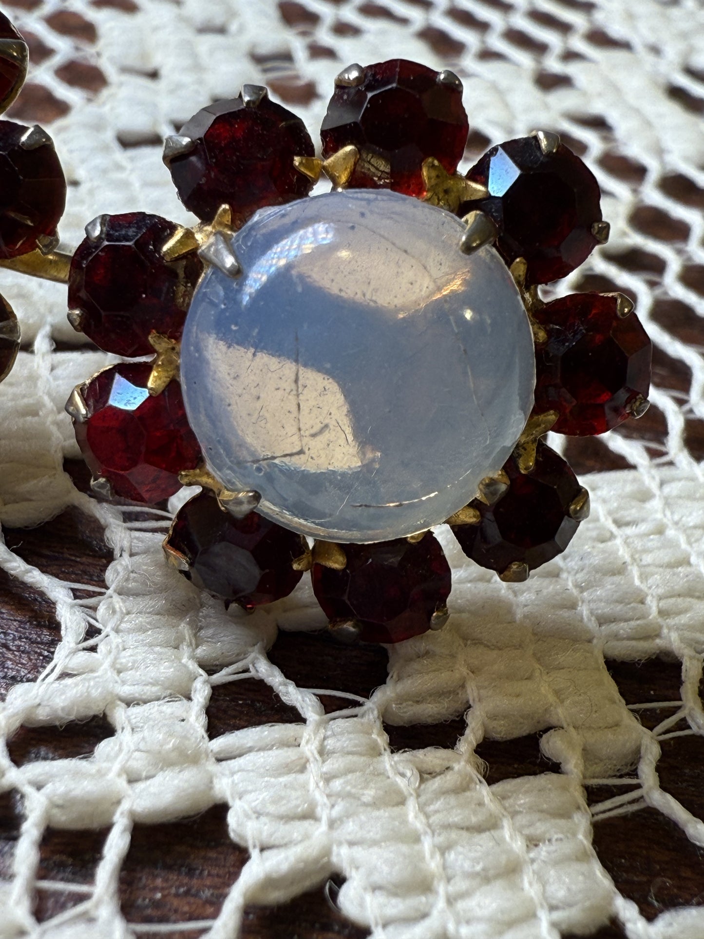 Antique Cabochon Faux Moonstone and Garnet Crystal Earrings
