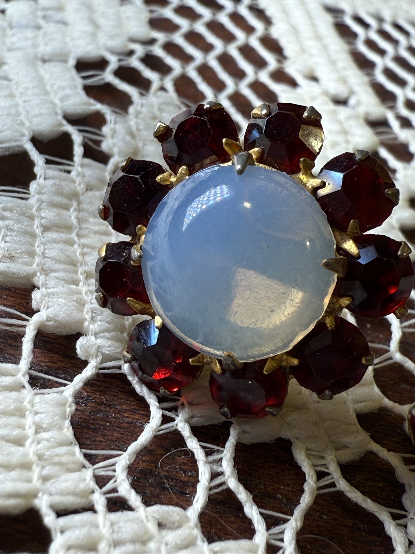 Antique Cabochon Faux Moonstone and Garnet Crystal Earrings