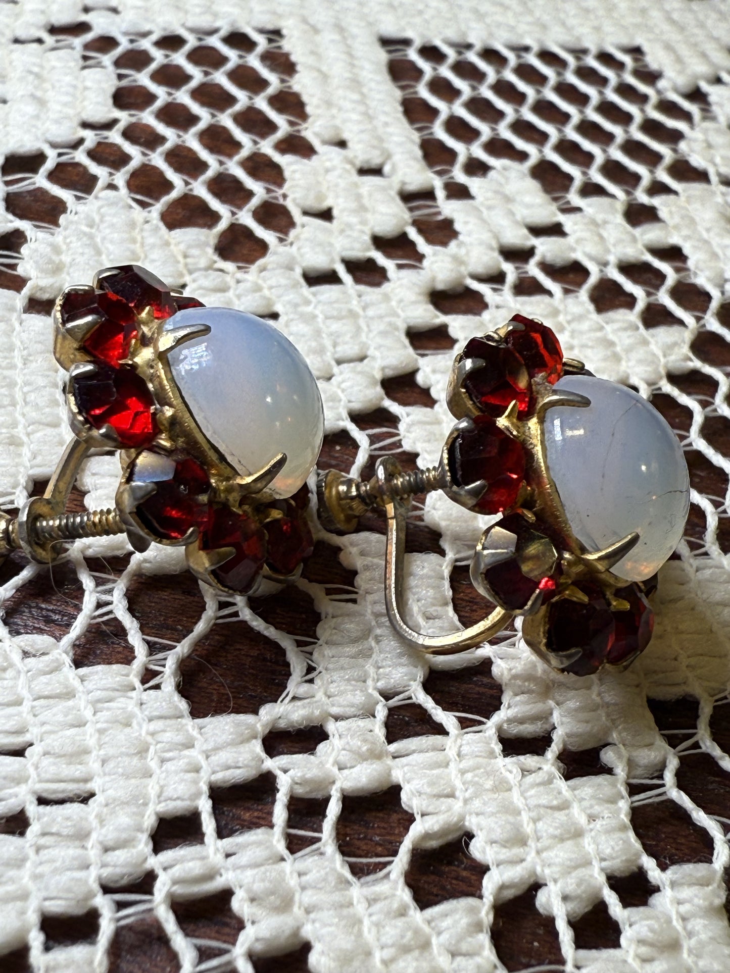 Antique Cabochon Faux Moonstone and Garnet Crystal Earrings