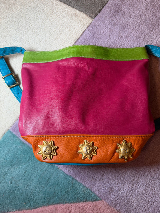 Vintage 1990s Colorblock Leather Bucket Bag with Golden Sun Faces