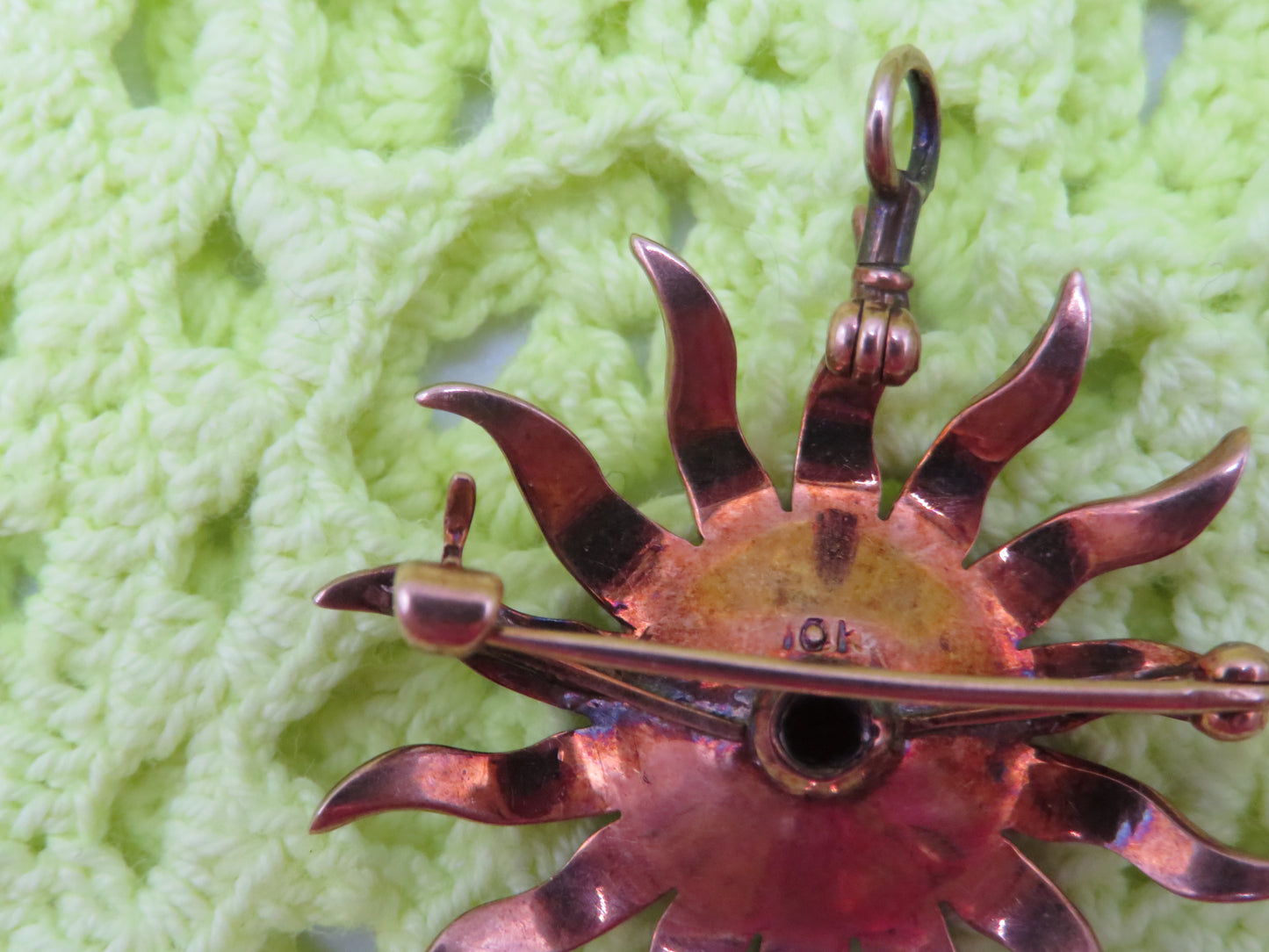 Antique 10K Gold Victorian Pearl & Ruby Sunburst Charm Brooch