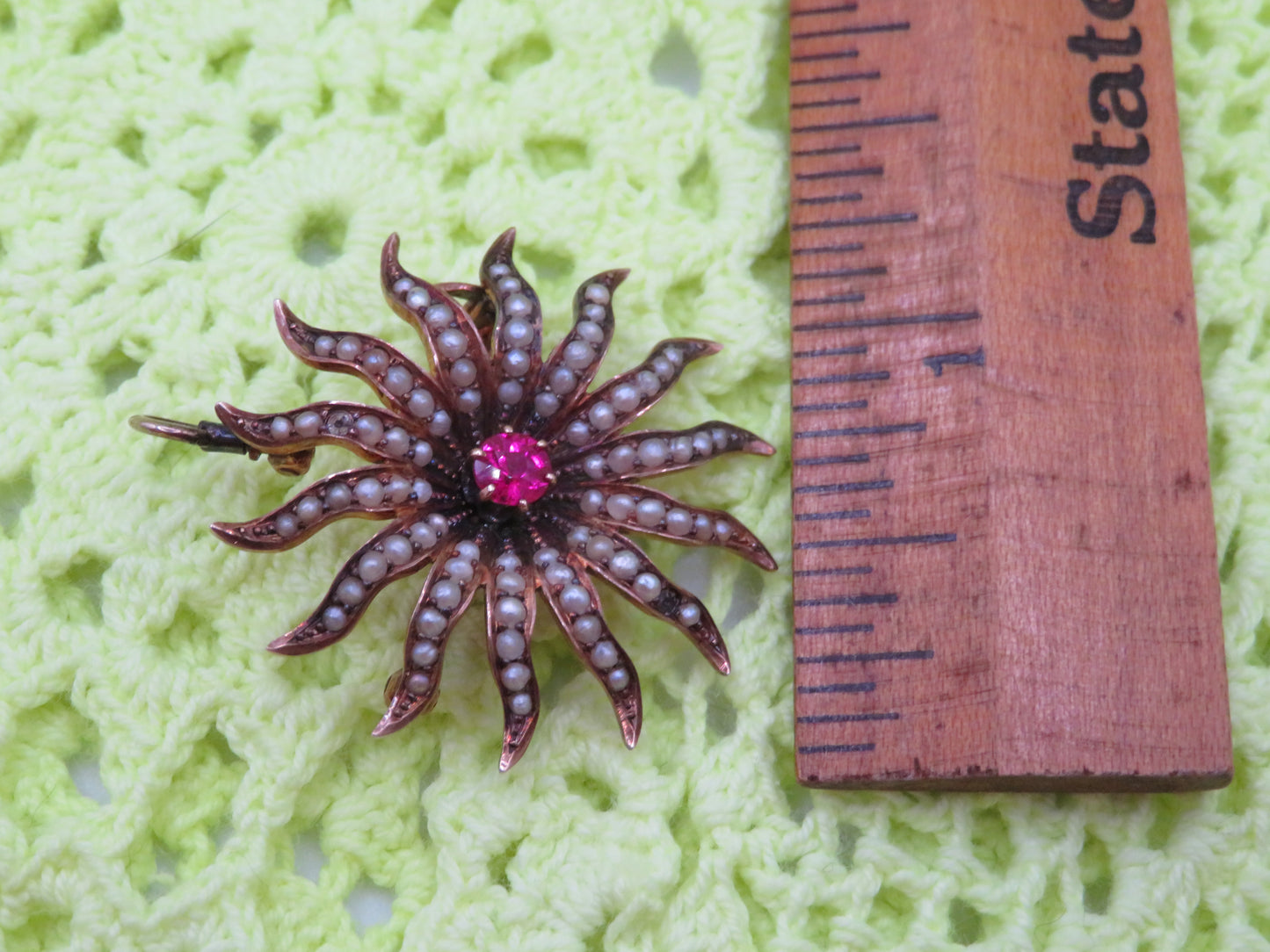 Antique 10K Gold Victorian Pearl & Ruby Sunburst Charm Brooch