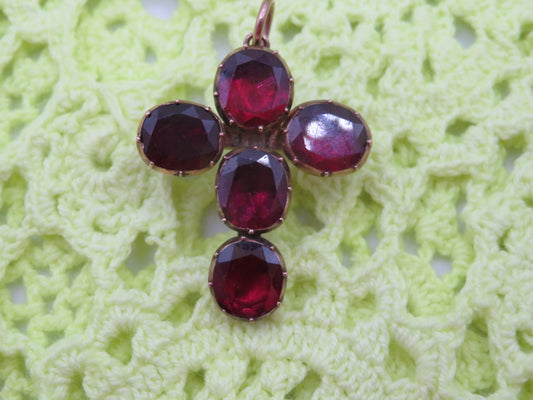 Antique 10K Gold Georgian Foiled Flat Cut Garnet Cross Charm Brooch